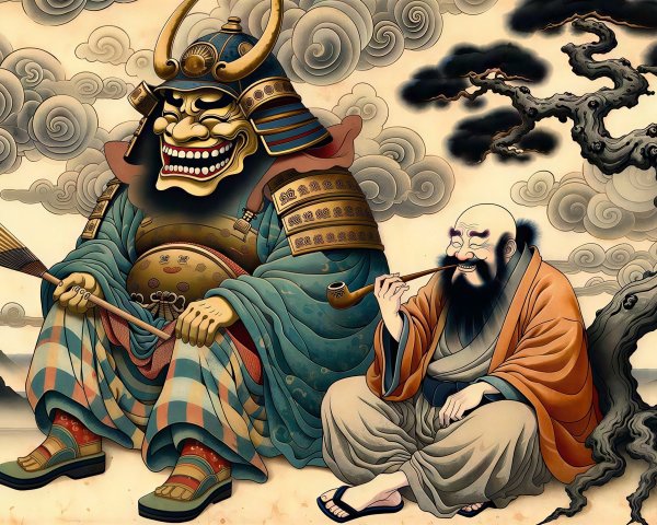 Ukiyo-e Woodblock Print of Samurai and Monk Scene