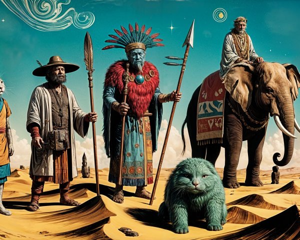 Surreal Landscape with Diverse Characters and Creatures