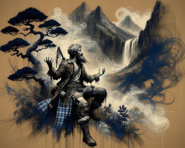 Digital Artwork of a Man in Kilt Meditating in Nature