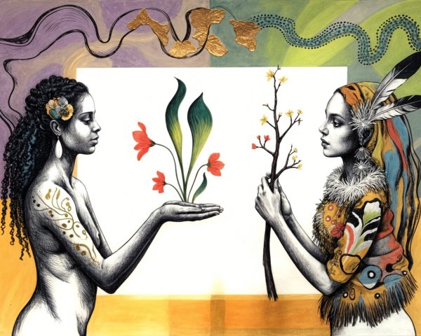Women in Colorful Attire Surrounded by Abstract Nature