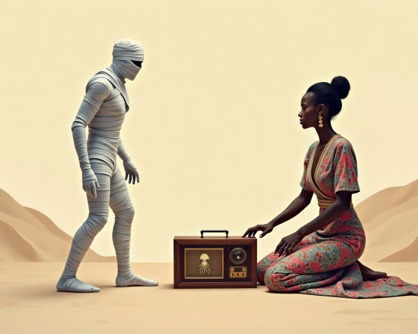 Surreal Desert Scene with Mummy and Woman by Radio