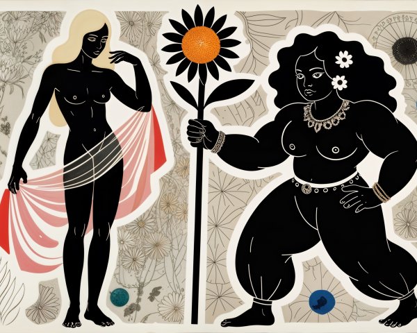 Contrasting Figures in Floral Artwork Displaying Femininity