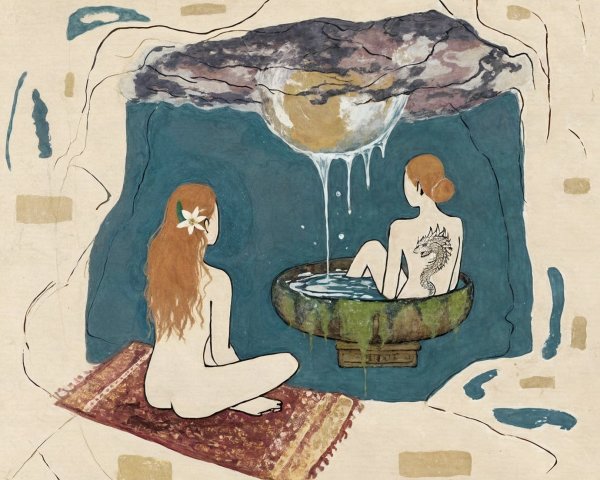Women by a Tranquil Bath in an Ethereal Landscape
