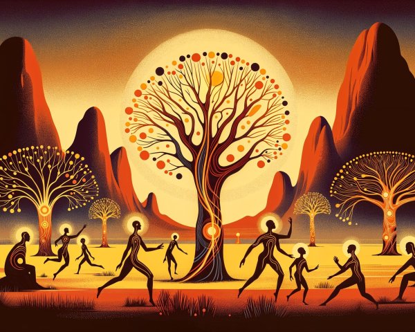 Surreal Landscape with Mountains and Glowing Tree