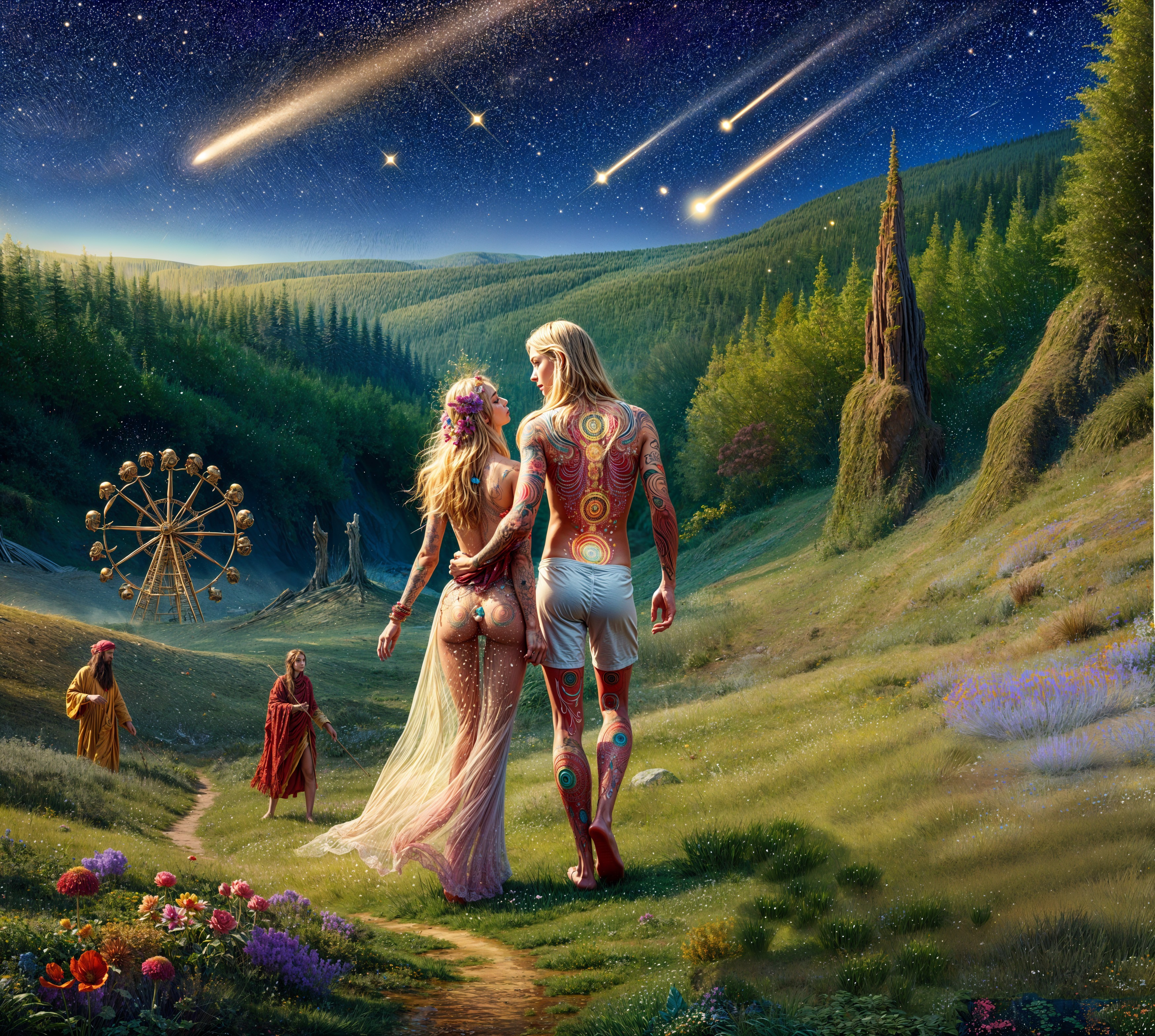 Couple in Mystical Landscape with Vintage Ferris Wheel