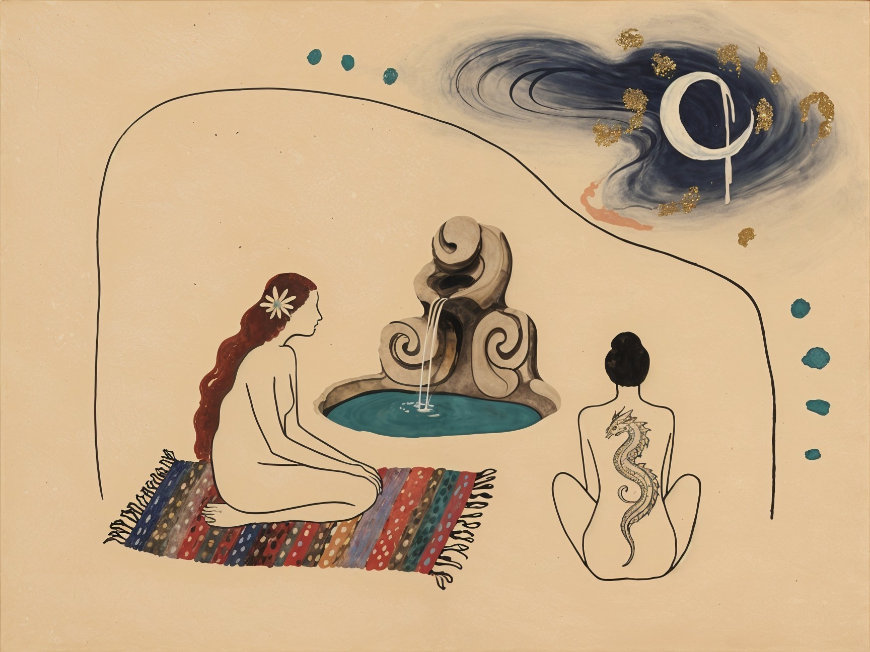 Serene Illustration of Women by a Fountain at Night