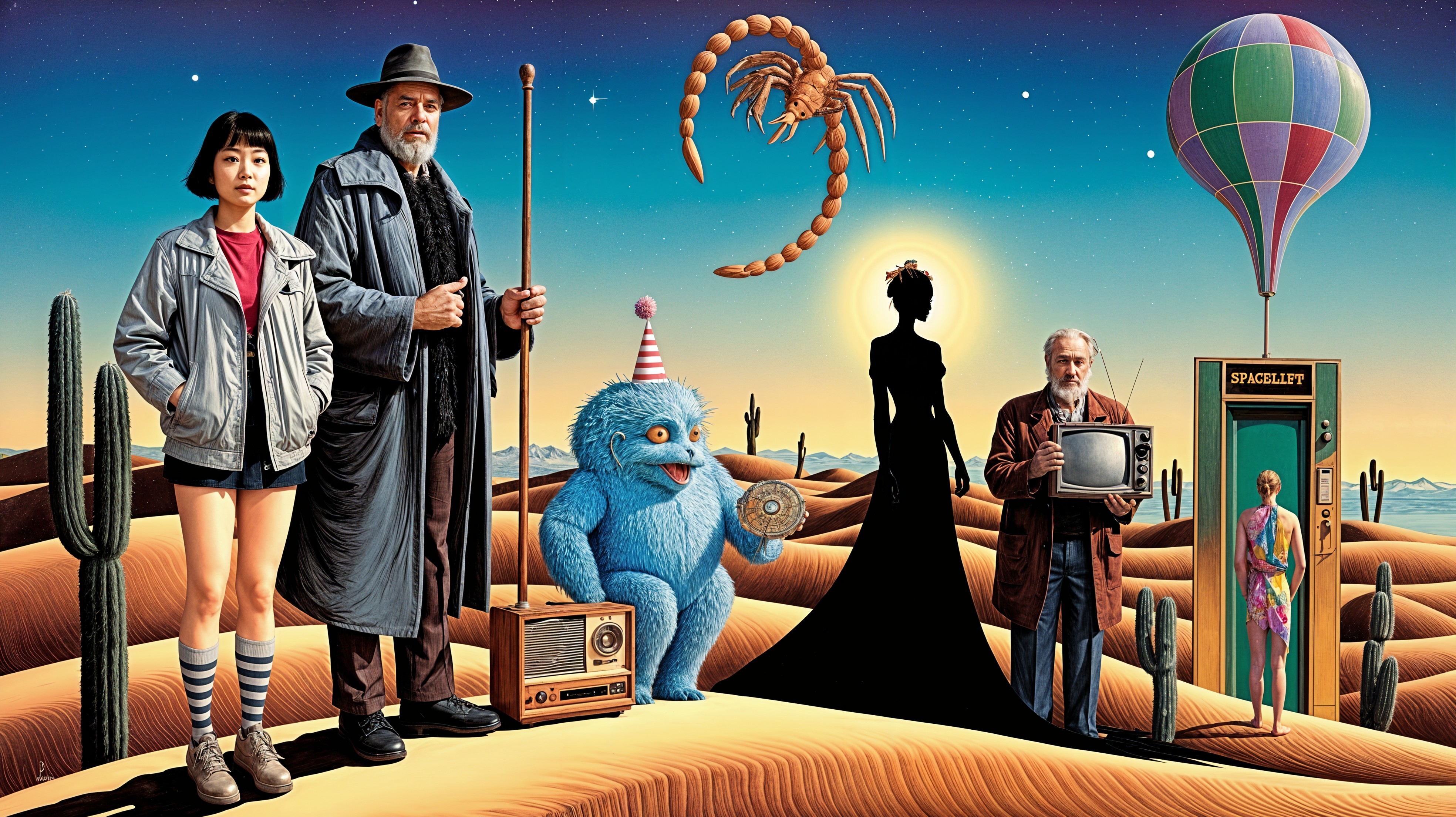 Whimsical Desert Landscape with Eclectic Characters