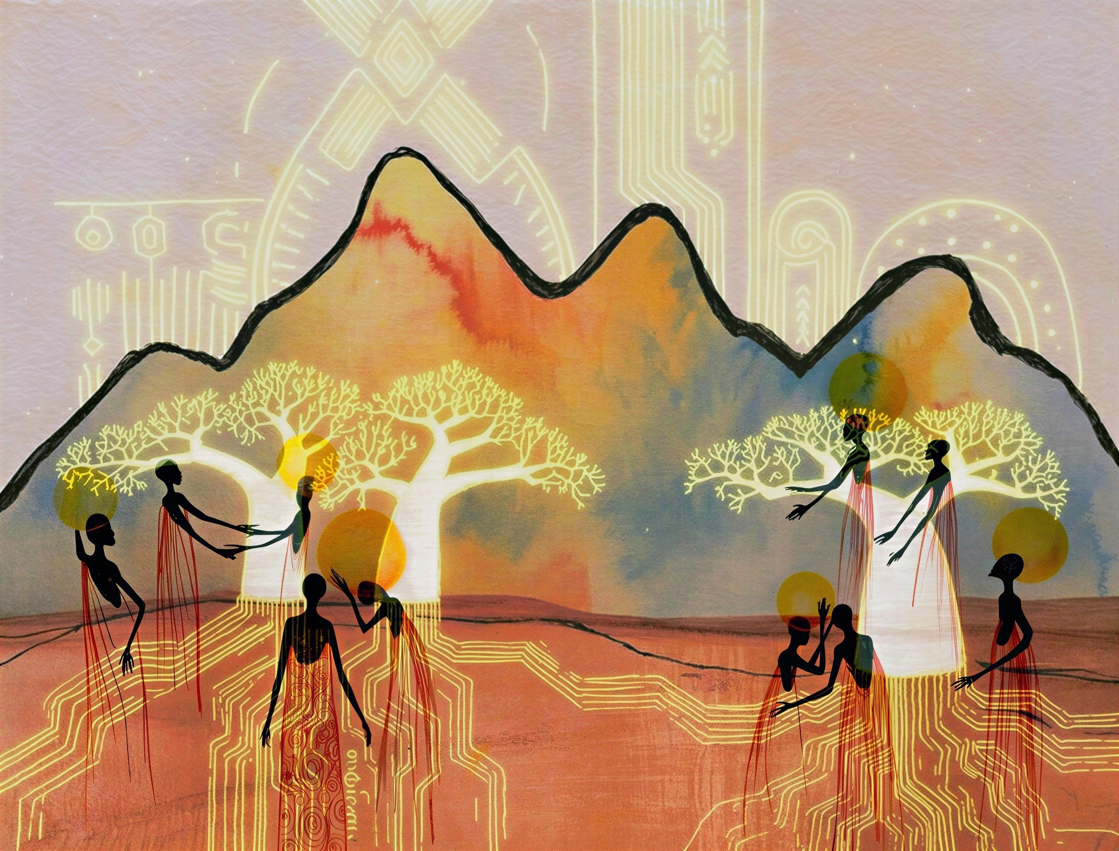 Abstract Scene of Silhouetted Figures and Trees