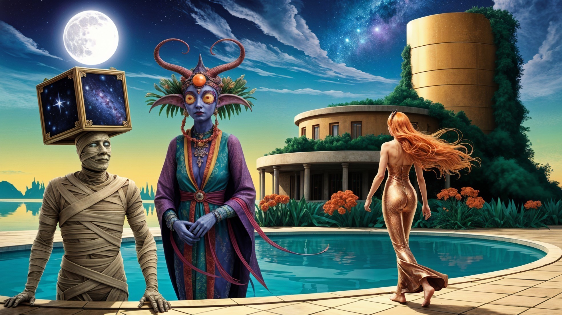 Surreal Moonlit Scene with Cosmic Figures and Nature