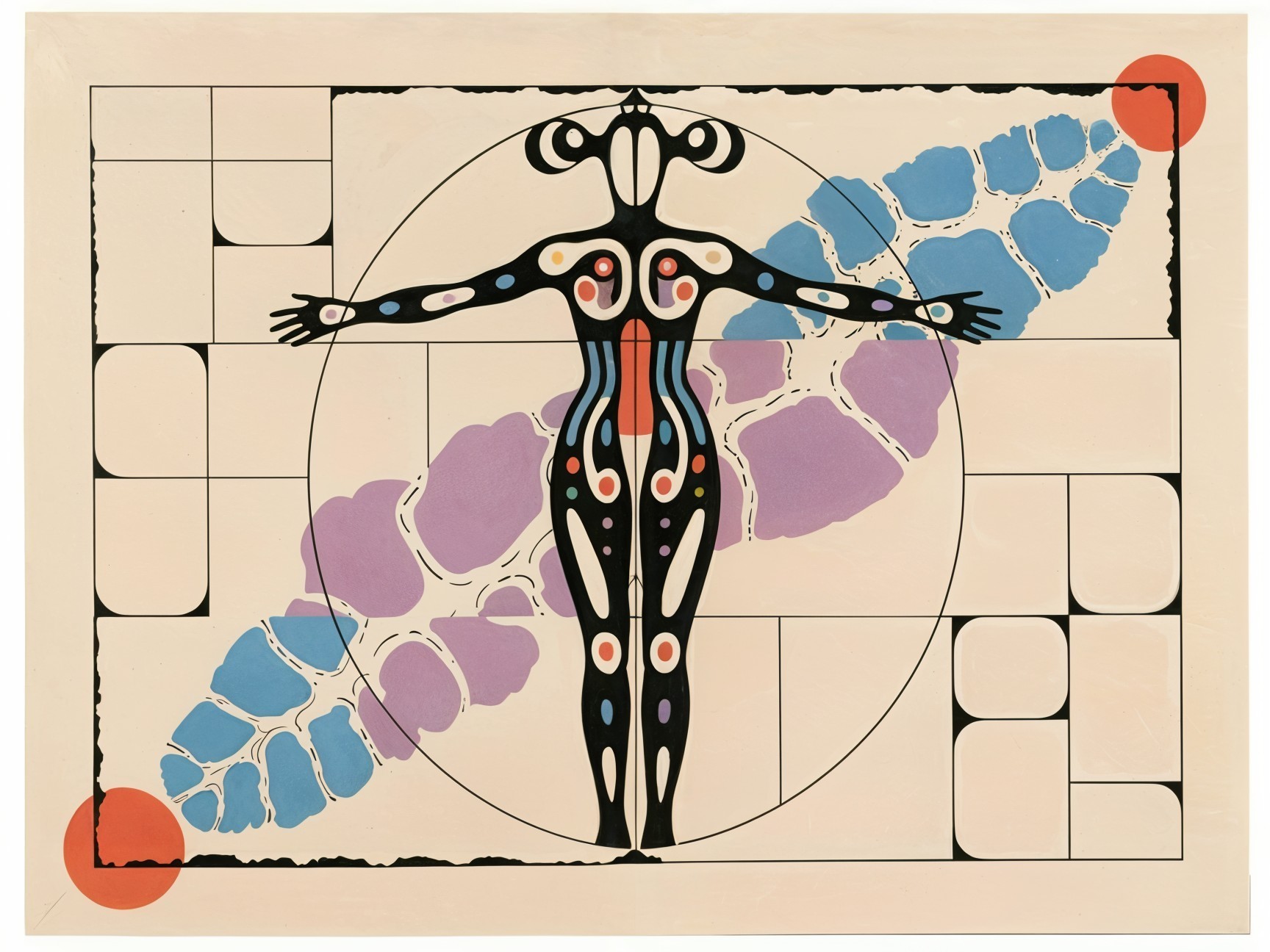 Stylized Human Figure Surrounded by Abstract Shapes