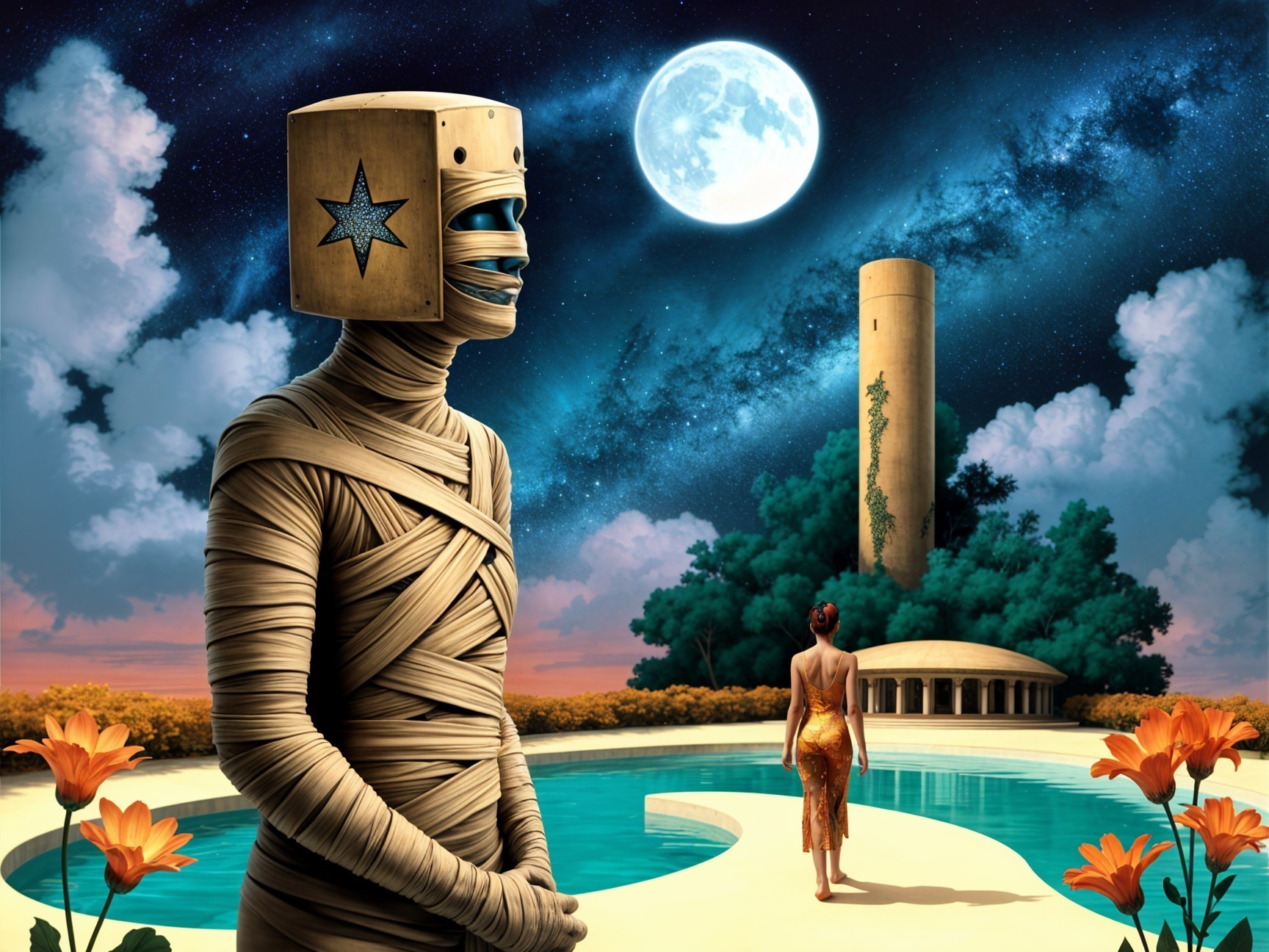 Surreal Landscape with Bandaged Figure and Moonlit Scene