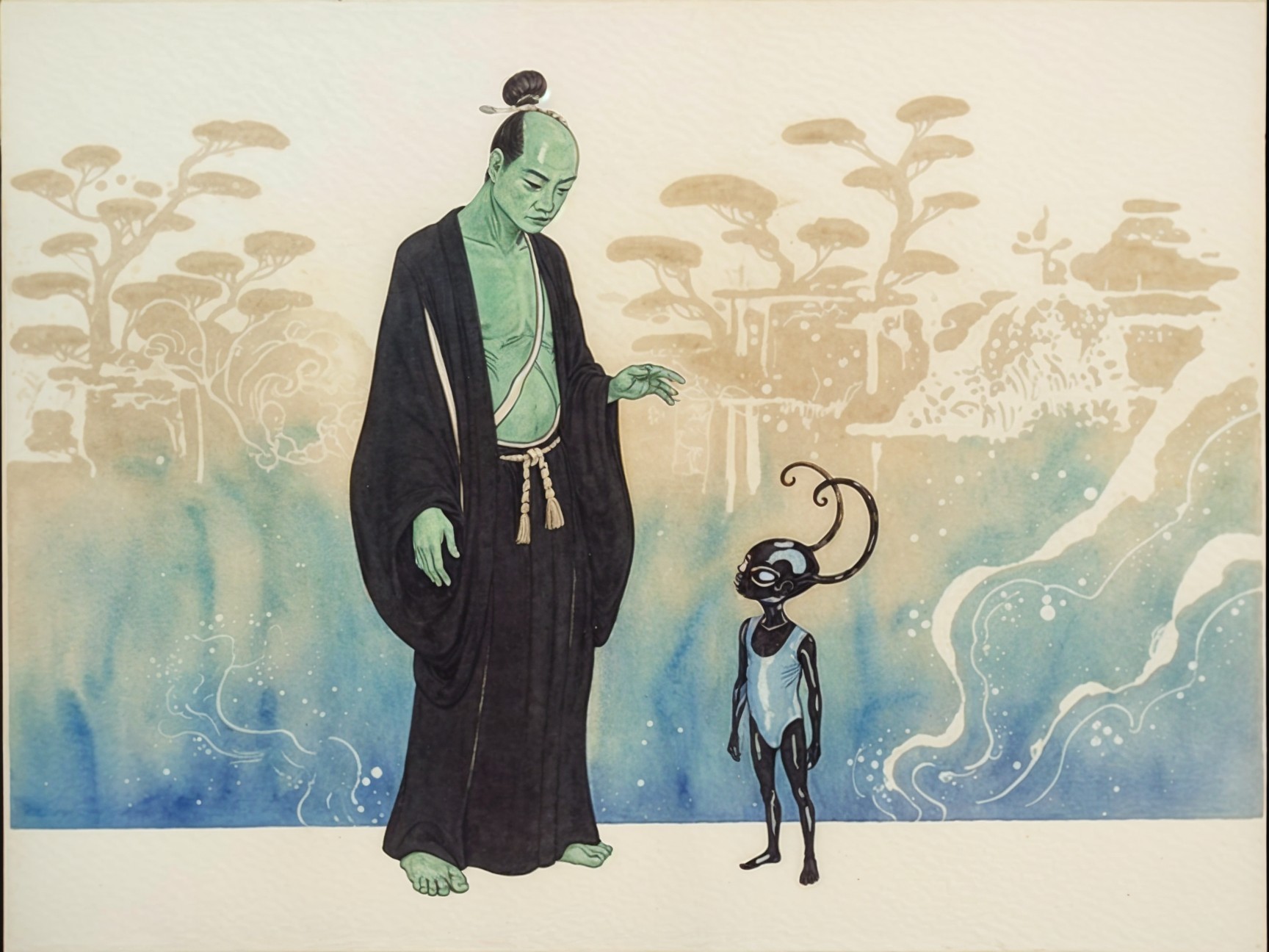 Humanoid and Alien in a Fantasy Watercolor Landscape