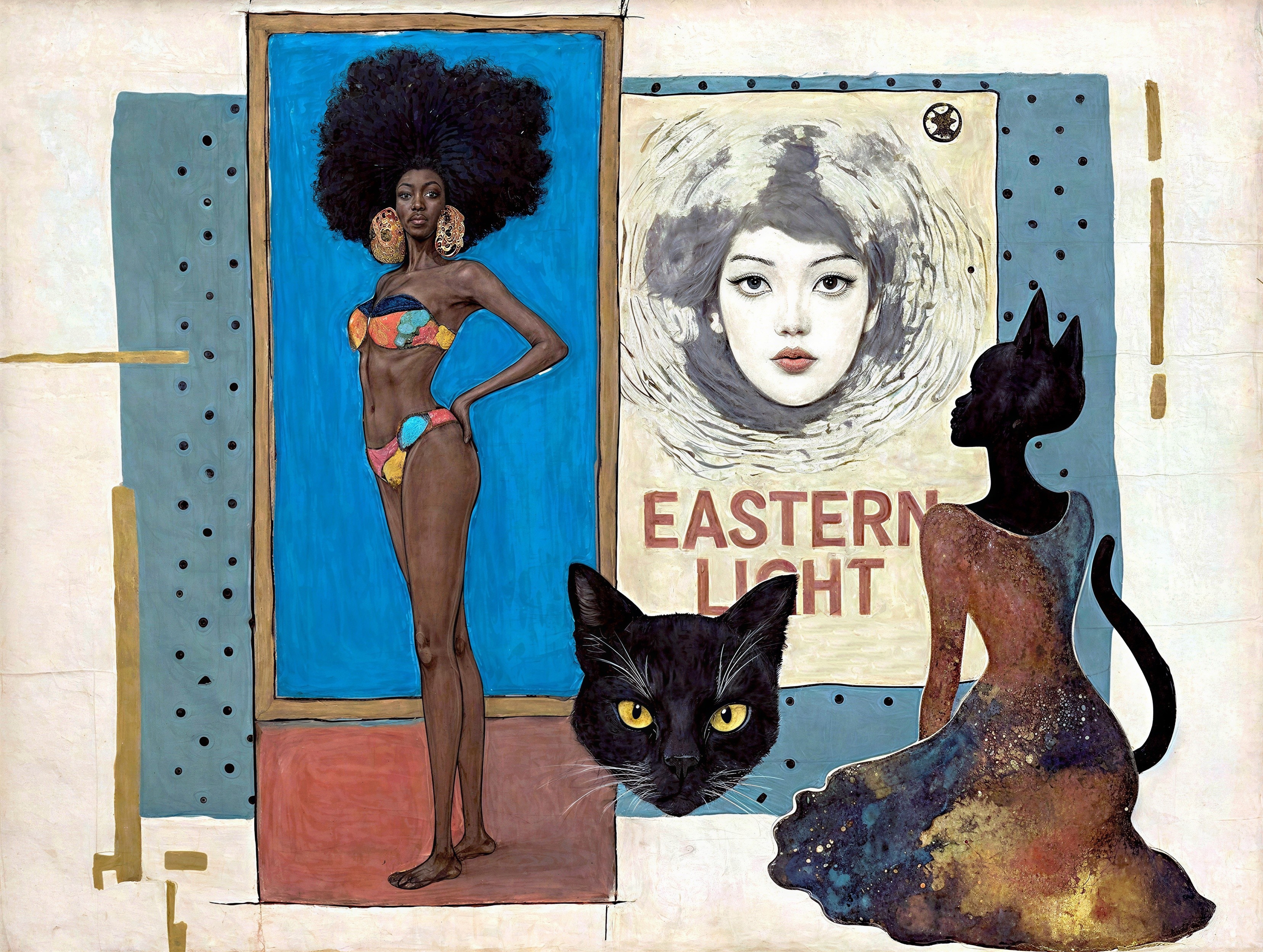 Colorful Female Figure with Vintage Poster and Cat Silhouette
