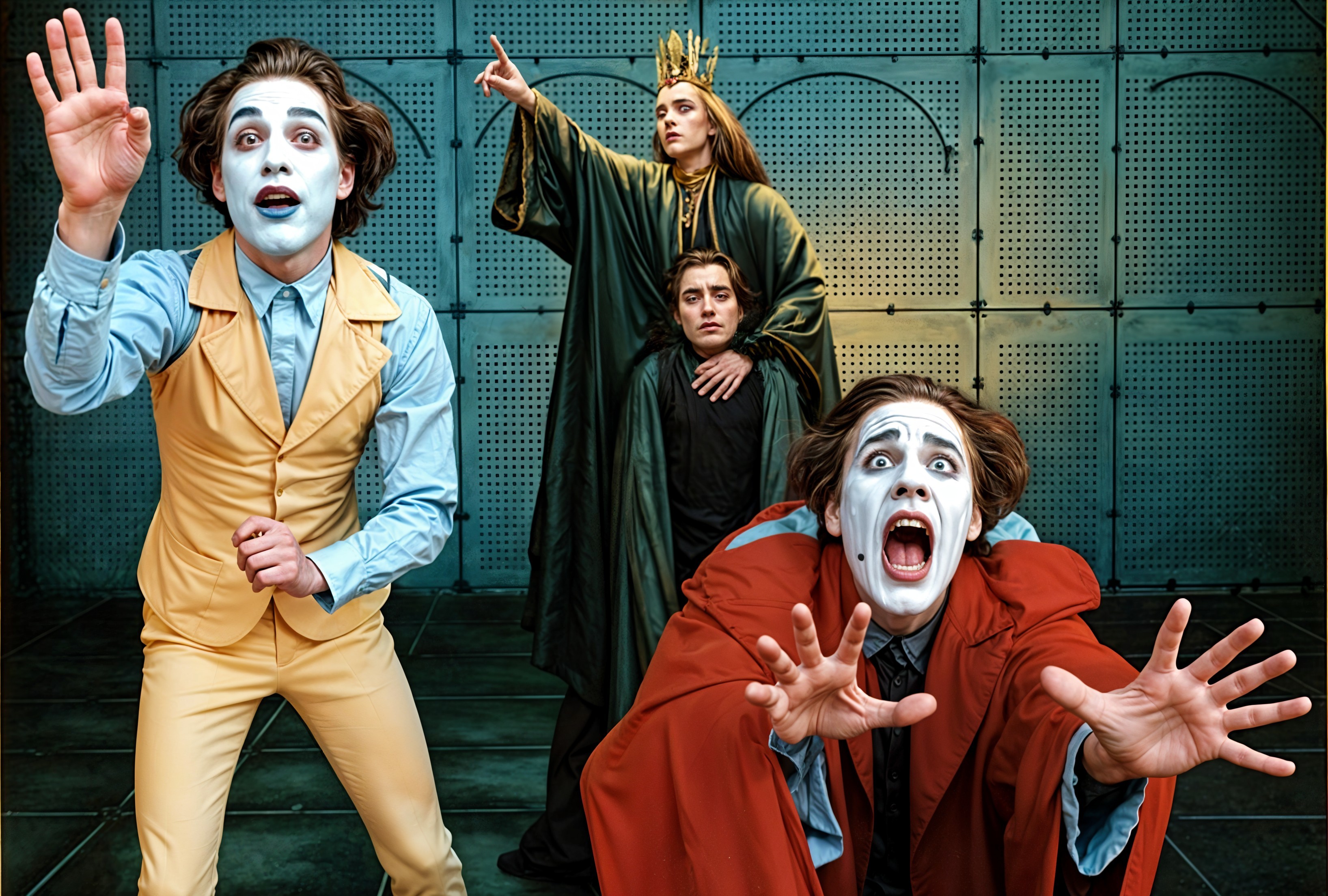 Dramatic Stage Performance with Theatrical Characters
