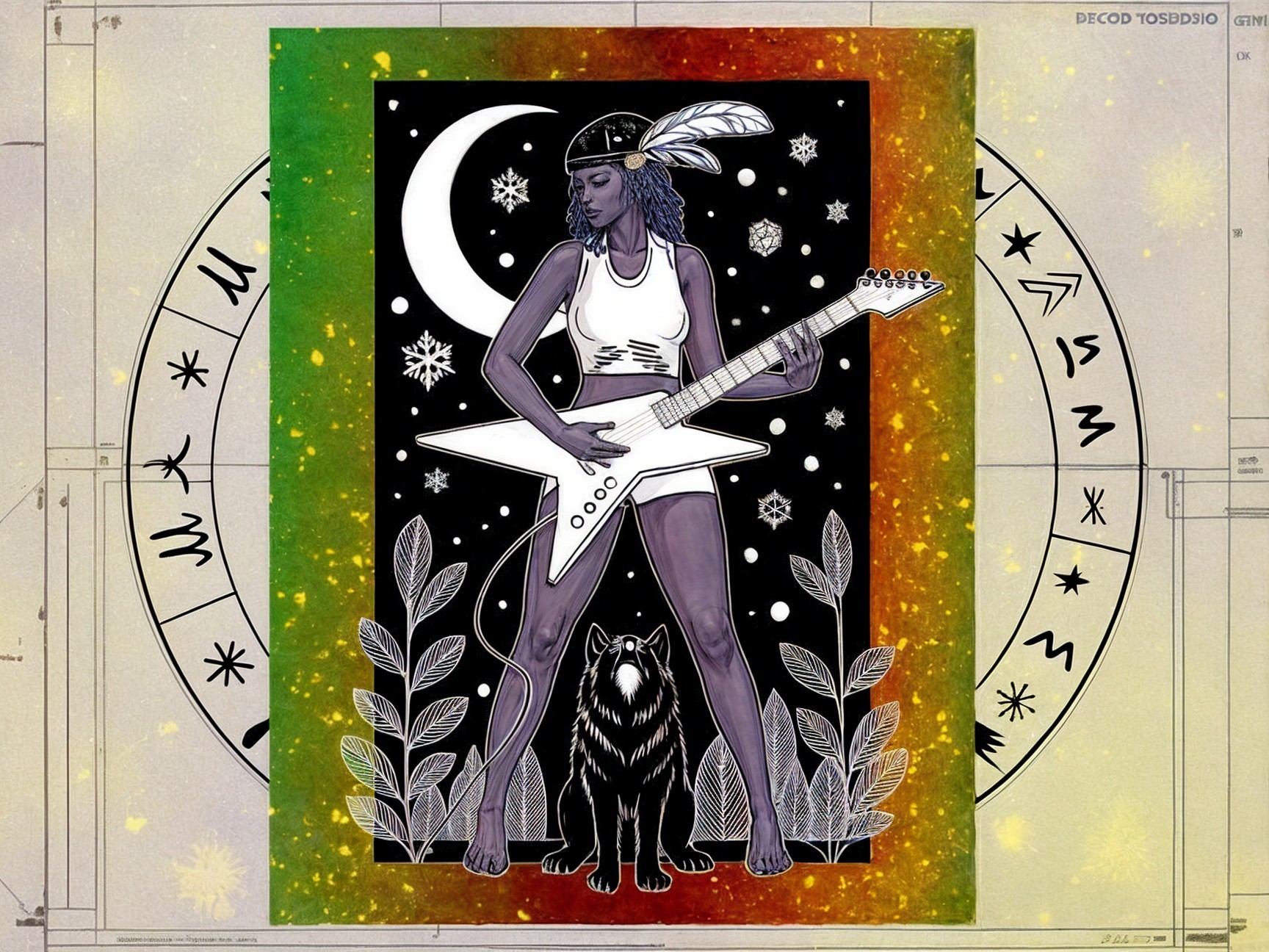 Confident Woman with Guitar and Astrological Motifs