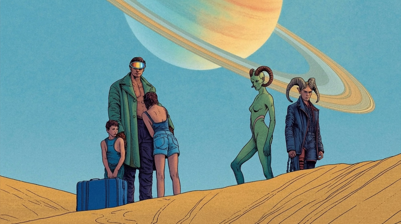 Surreal Desert Landscape with Diverse Characters and Saturn