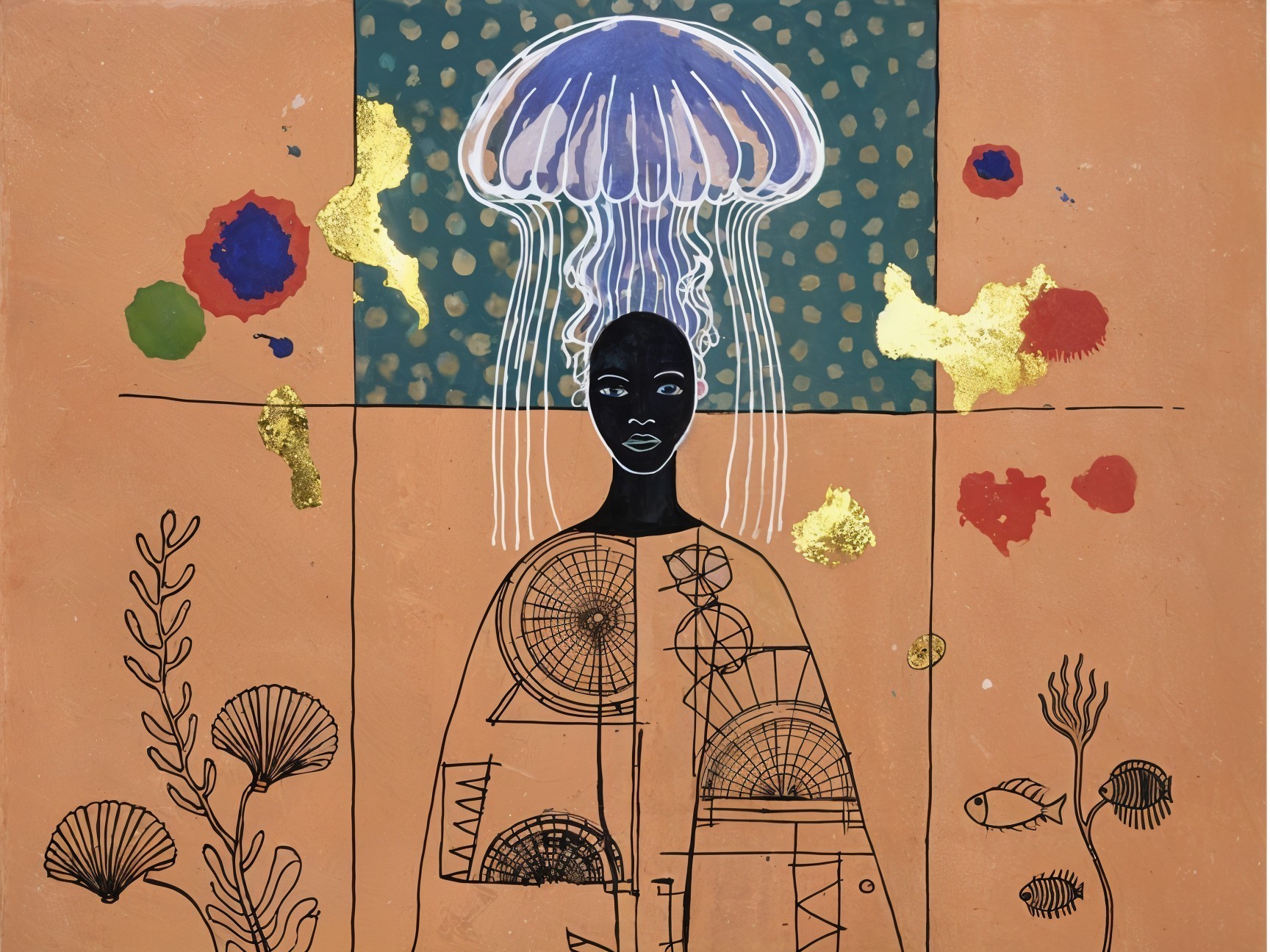 Stylized figure with jellyfish and vibrant patterns