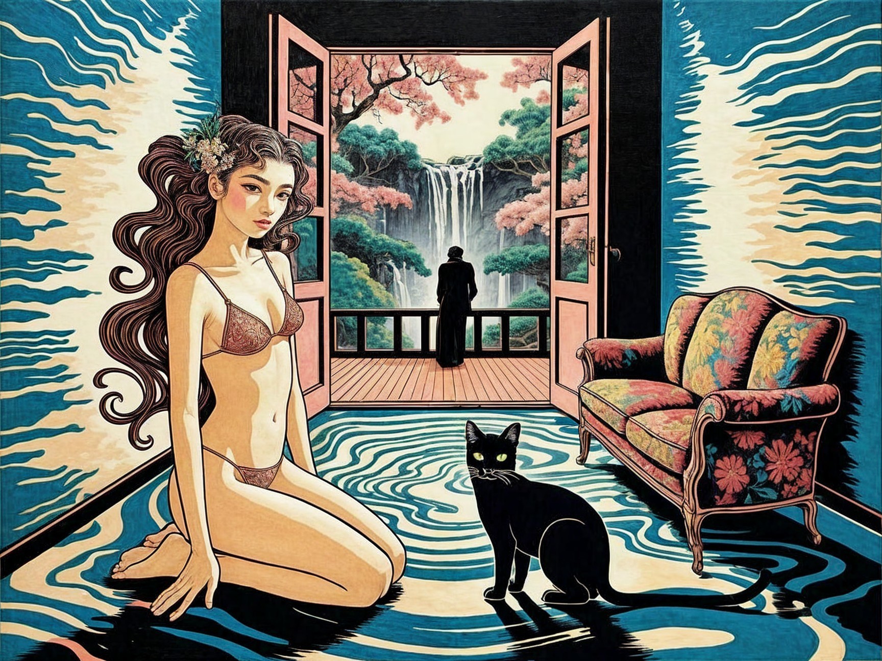 Surreal Scene of Woman, Cat, and Vibrant Landscape