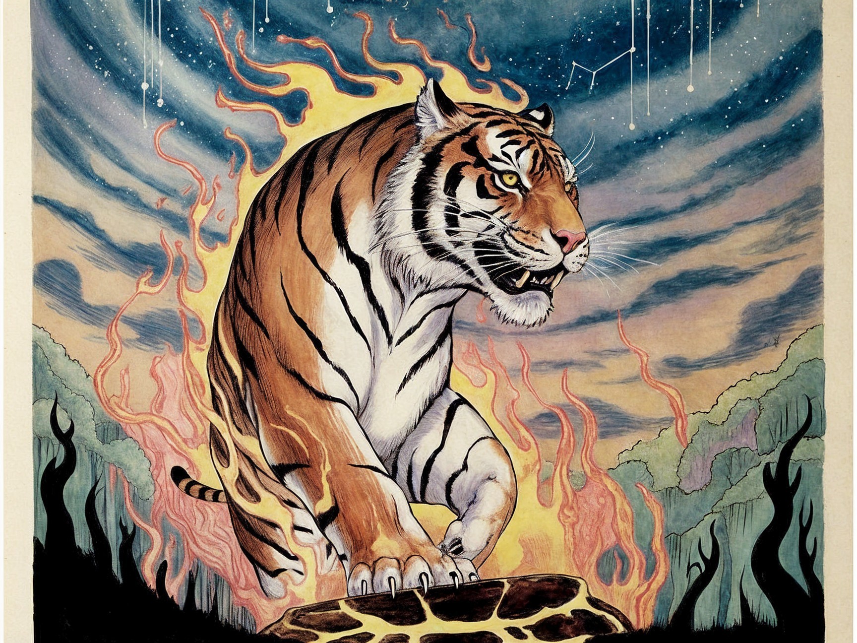 Tiger in Flames with Musical Notes and Celestial Elements