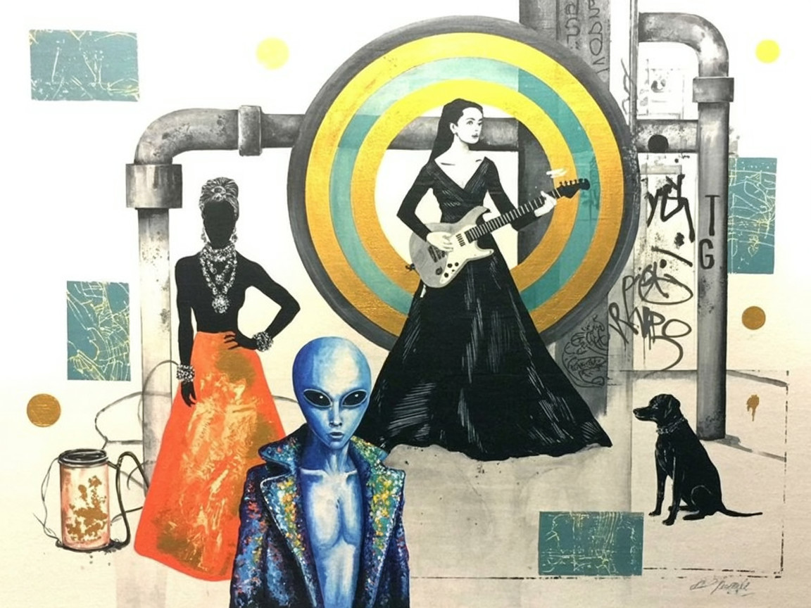 Surreal Artwork with Characters and Vibrant Patterns