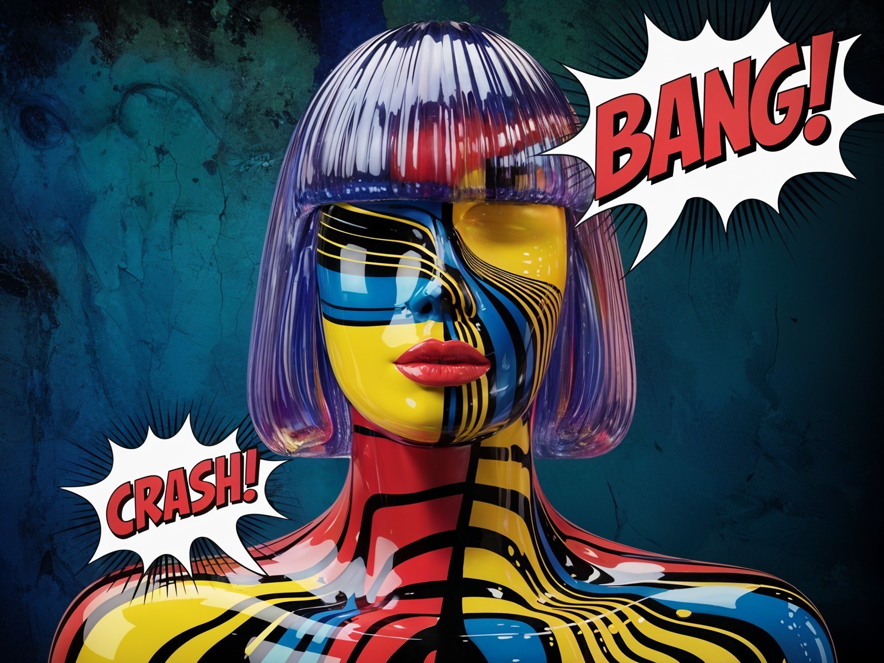 Glossy Mannequin with Colorful Design and Comic Text