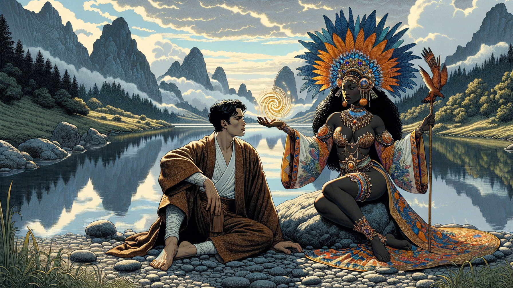 Young Man and Regal Woman by a Tranquil River