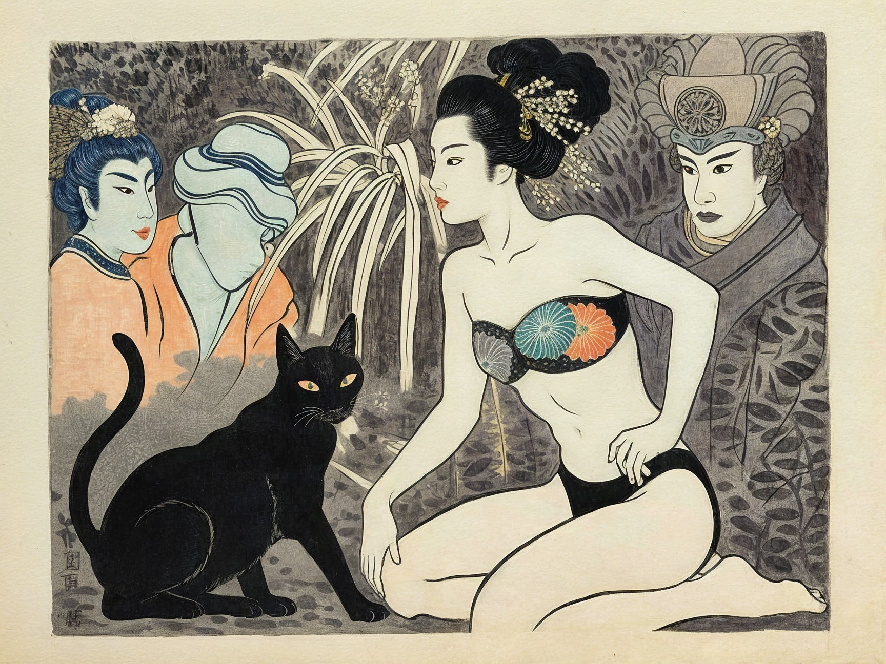 Japanese Art-Inspired Scene with Floral Bikini and Cat