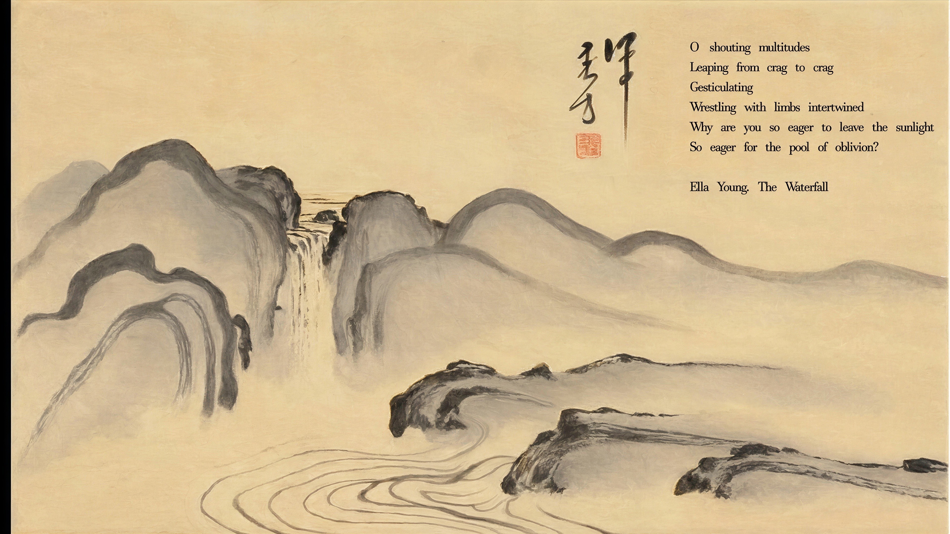 Serene landscape painting with mountains and waterfall