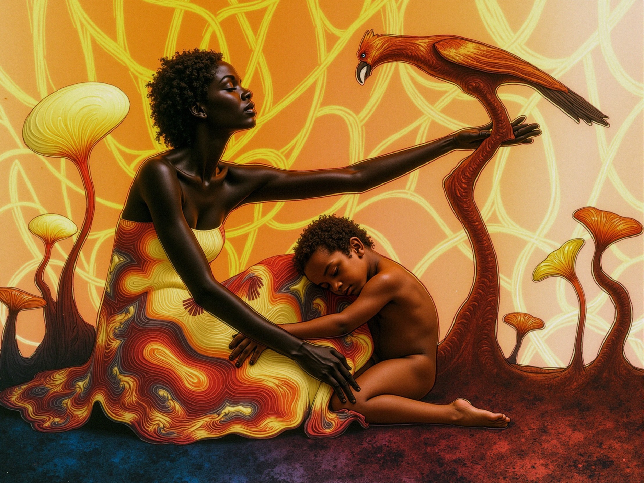 Artistic Depiction of Woman, Child, and Abstract Forms