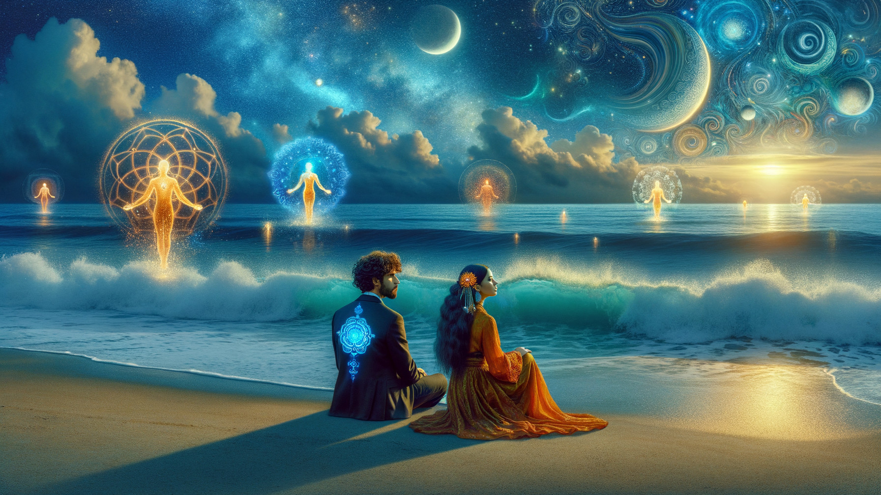 Couple on Serene Beach with Ethereal Cosmic Scene