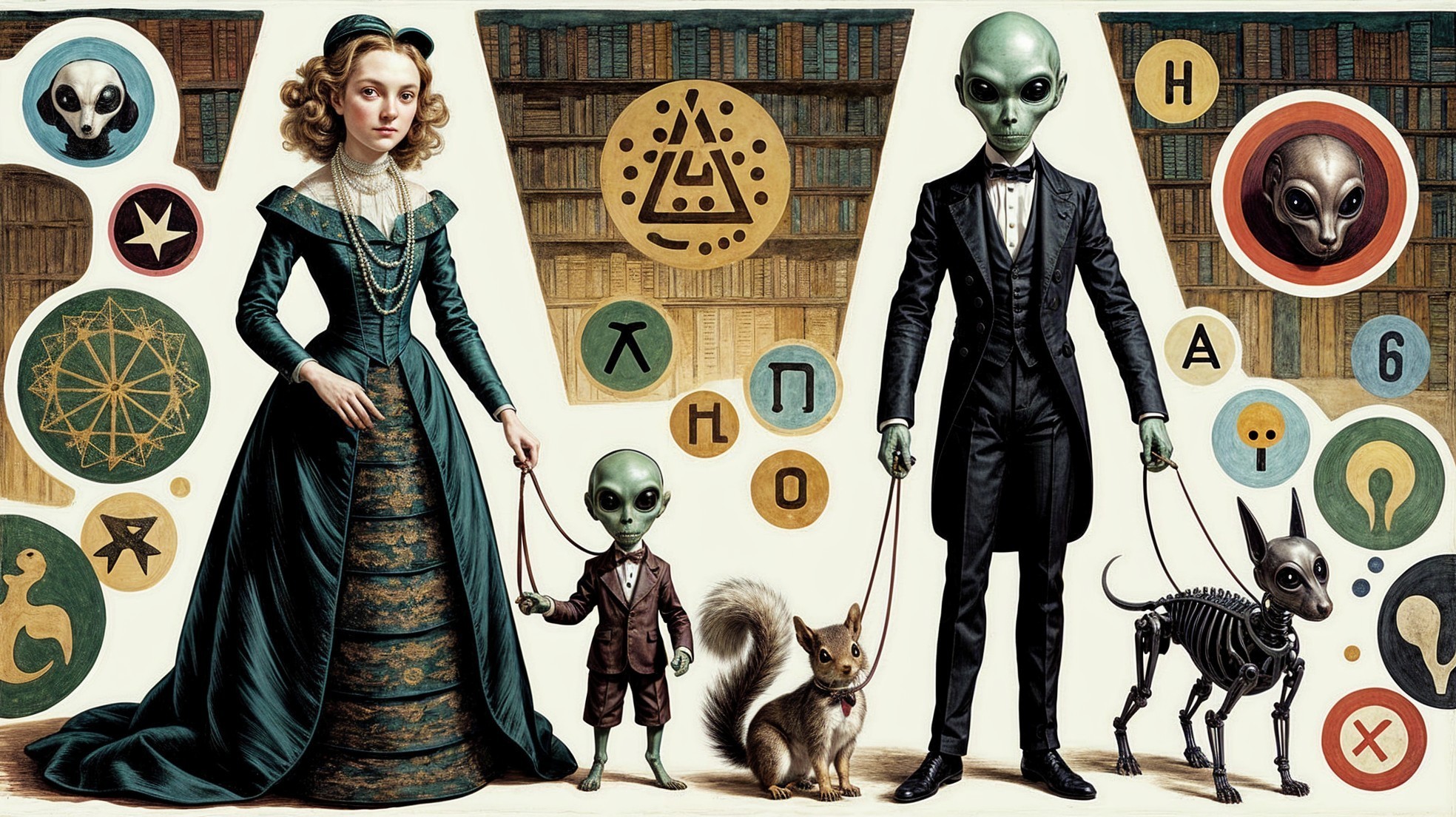 Victorian Woman with Aliens and Unique Pets in Scene
