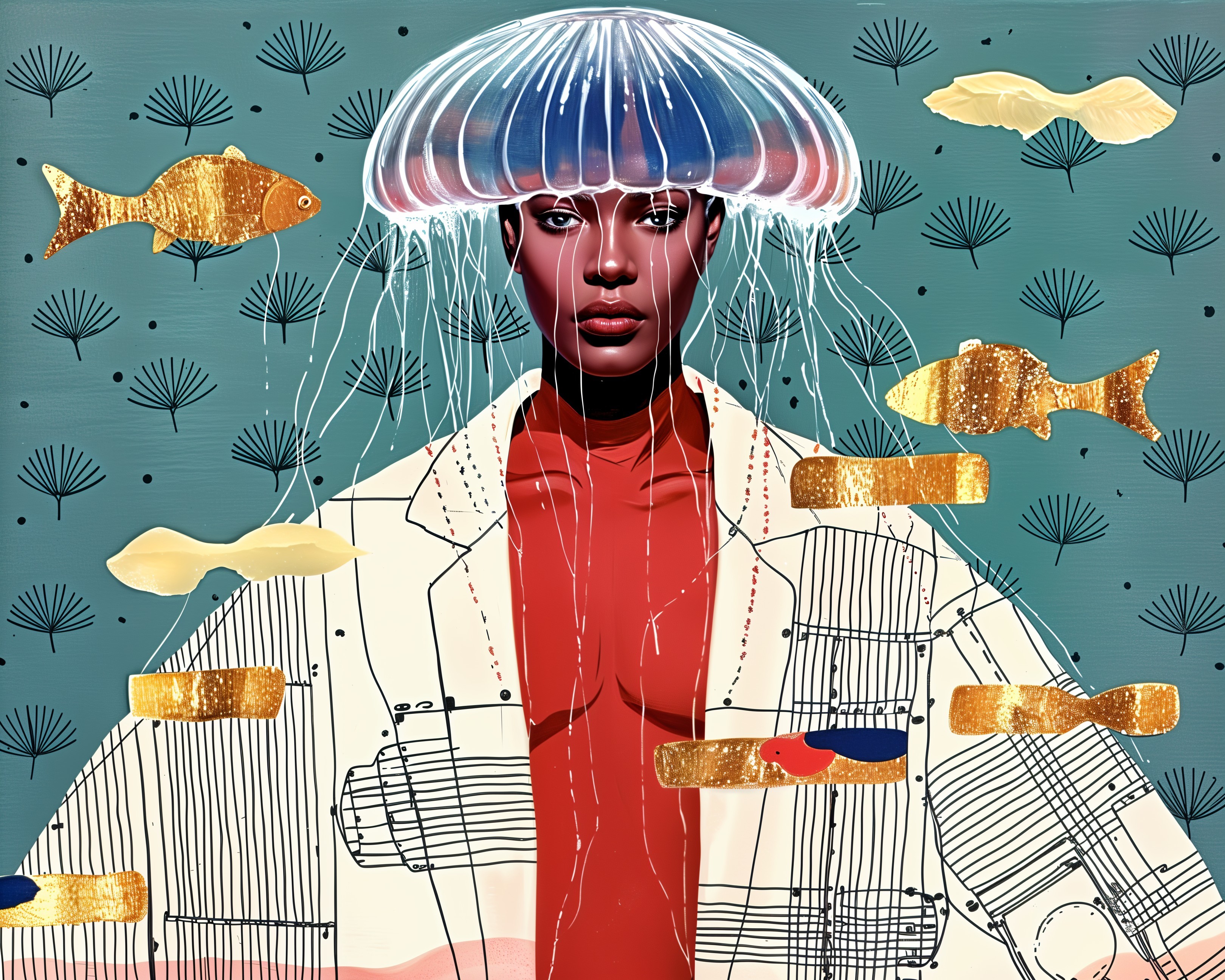 Surreal Portrait of Figure with Jellyfish Headpiece