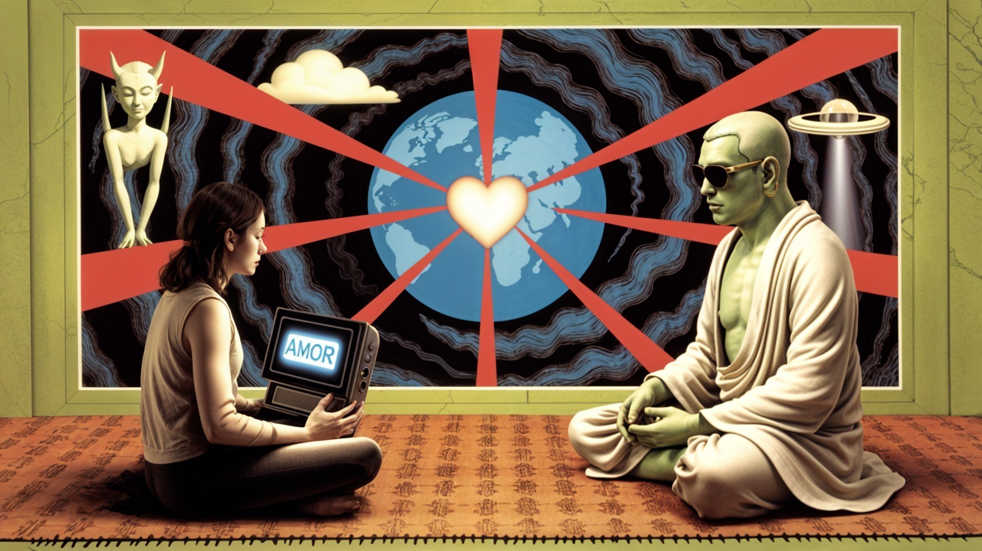 Surreal Scene with Woman, Green Figure, and World Map