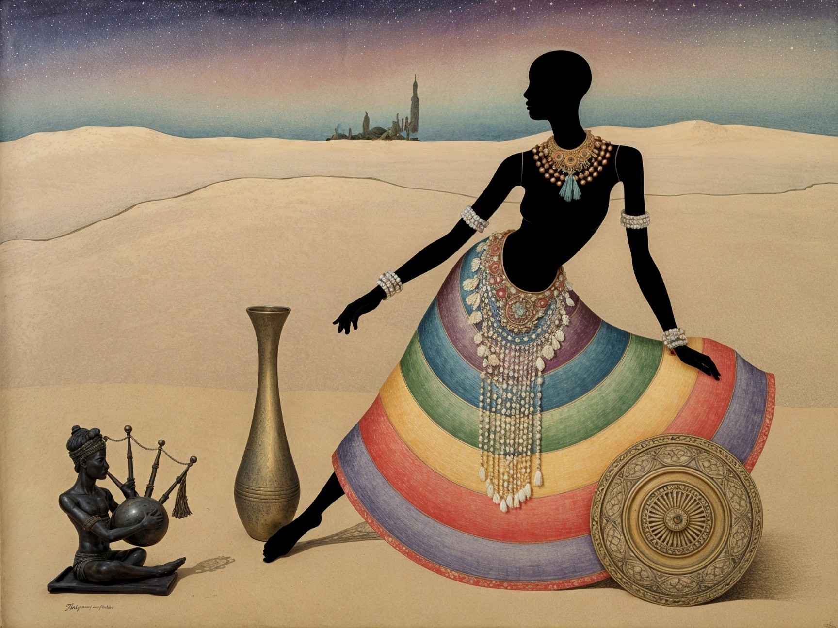 Silhouette of a dancer in colorful skirt in desert scene