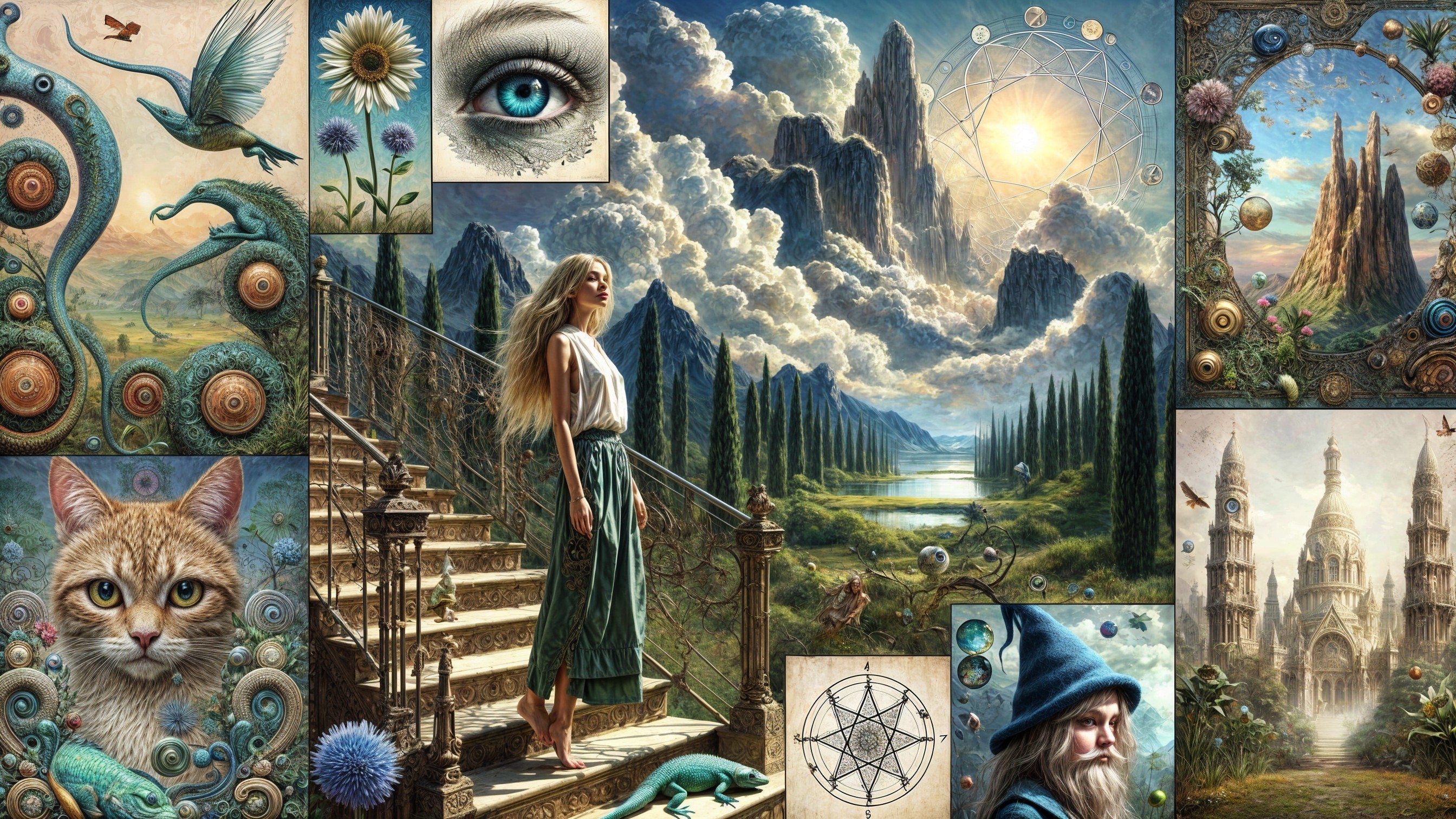 Surreal Collage of Woman on Ornate Stairs in Nature