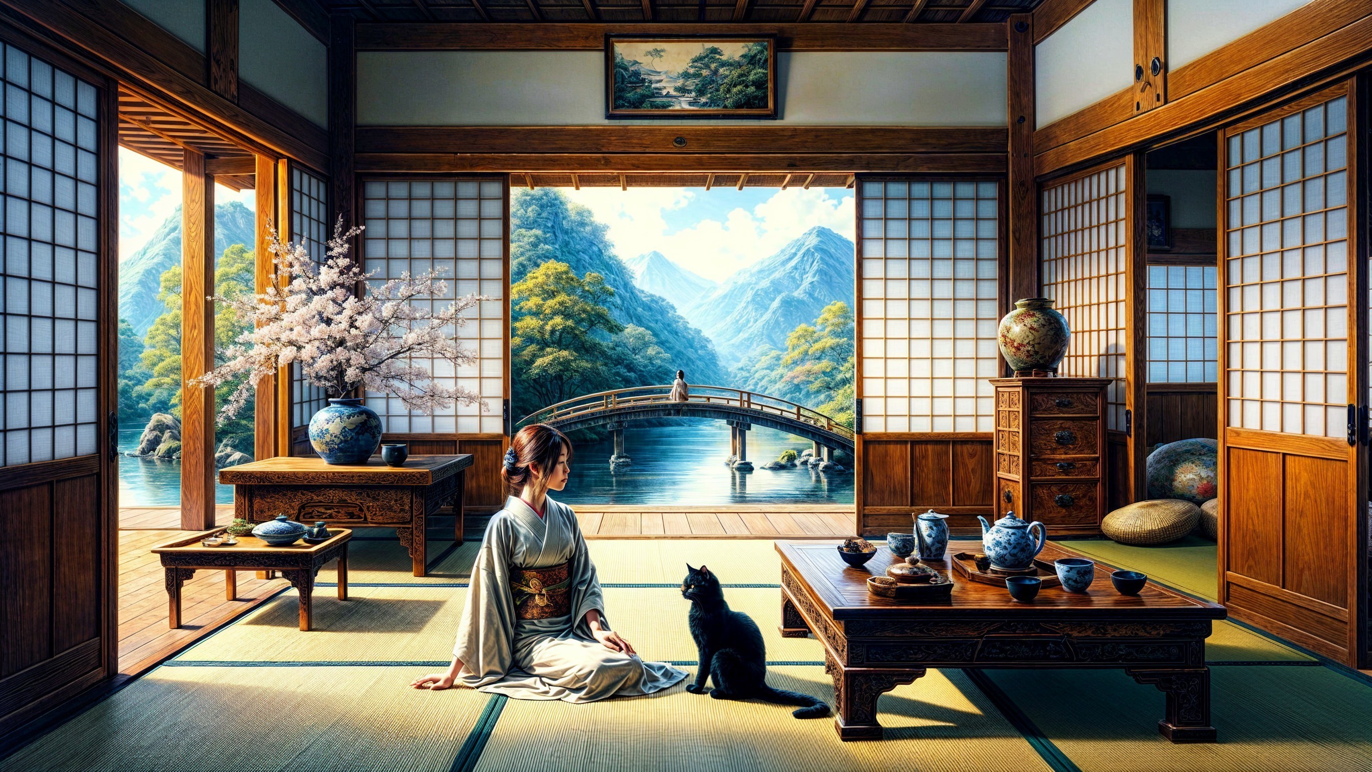 Traditional Japanese Room with Kimono and Cat