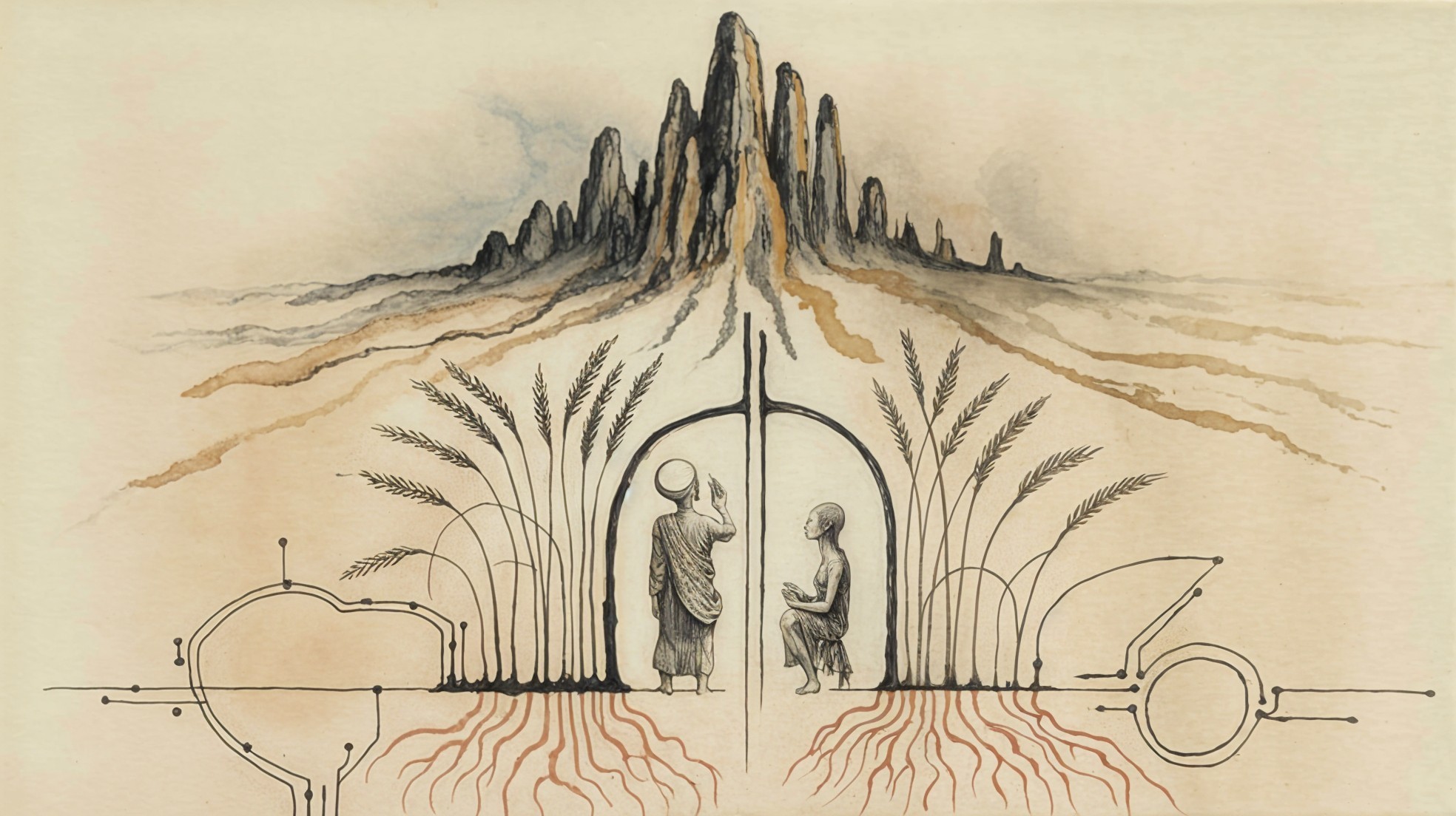 Mystical Landscape with Figures and Nature-Tech Fusion