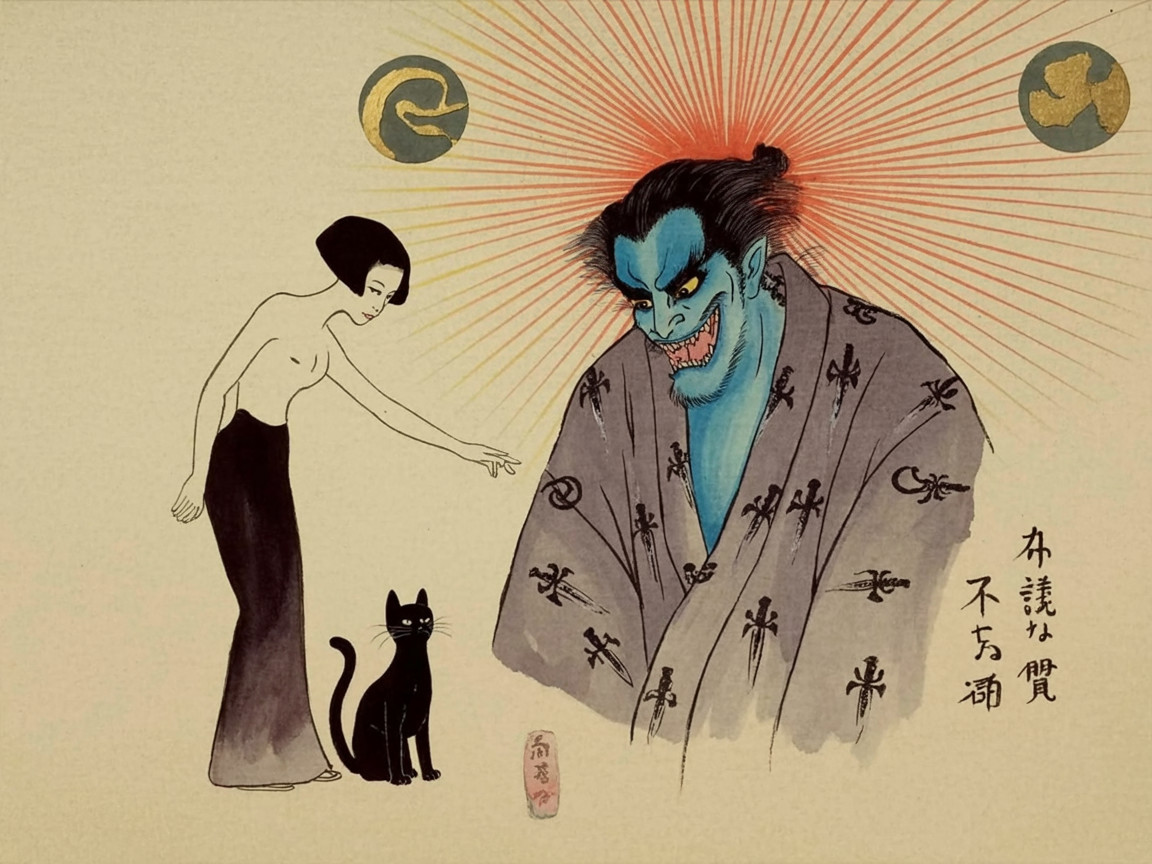 Woman Interacting with Blue-Skinned Figure in Art