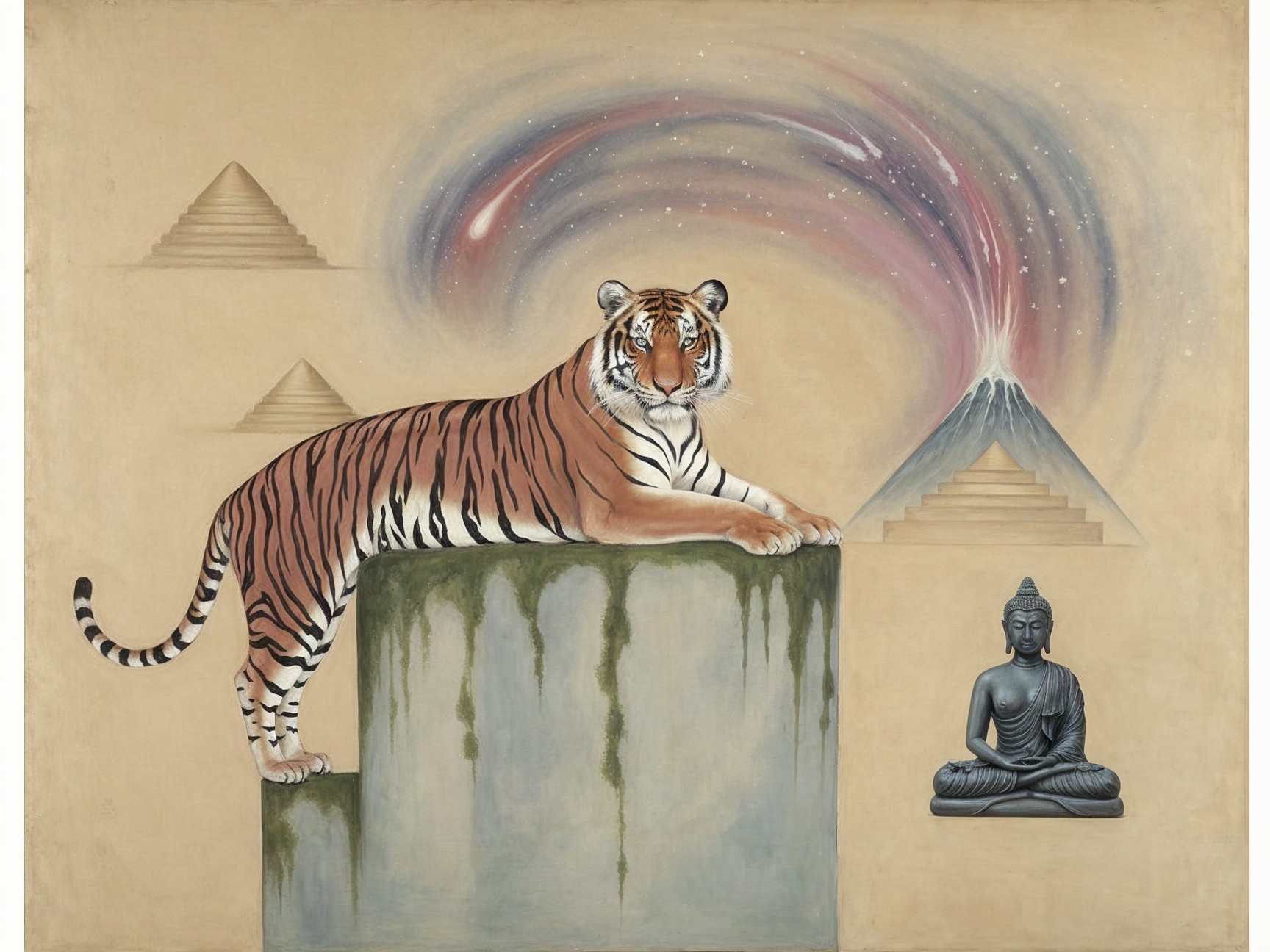 Majestic tiger on pedestal with pyramids and Buddha