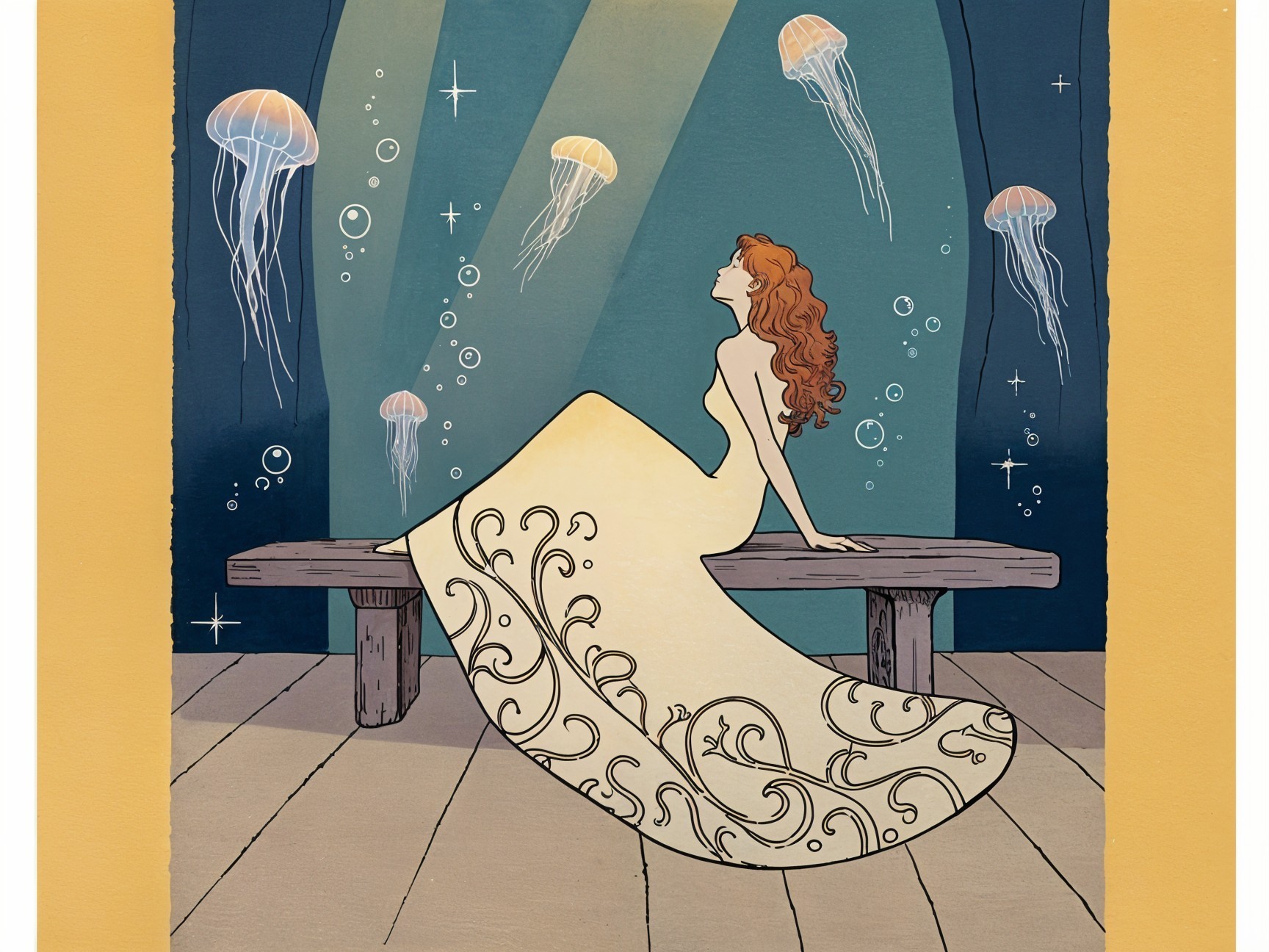 Woman in flowing gown amidst bioluminescent jellyfish