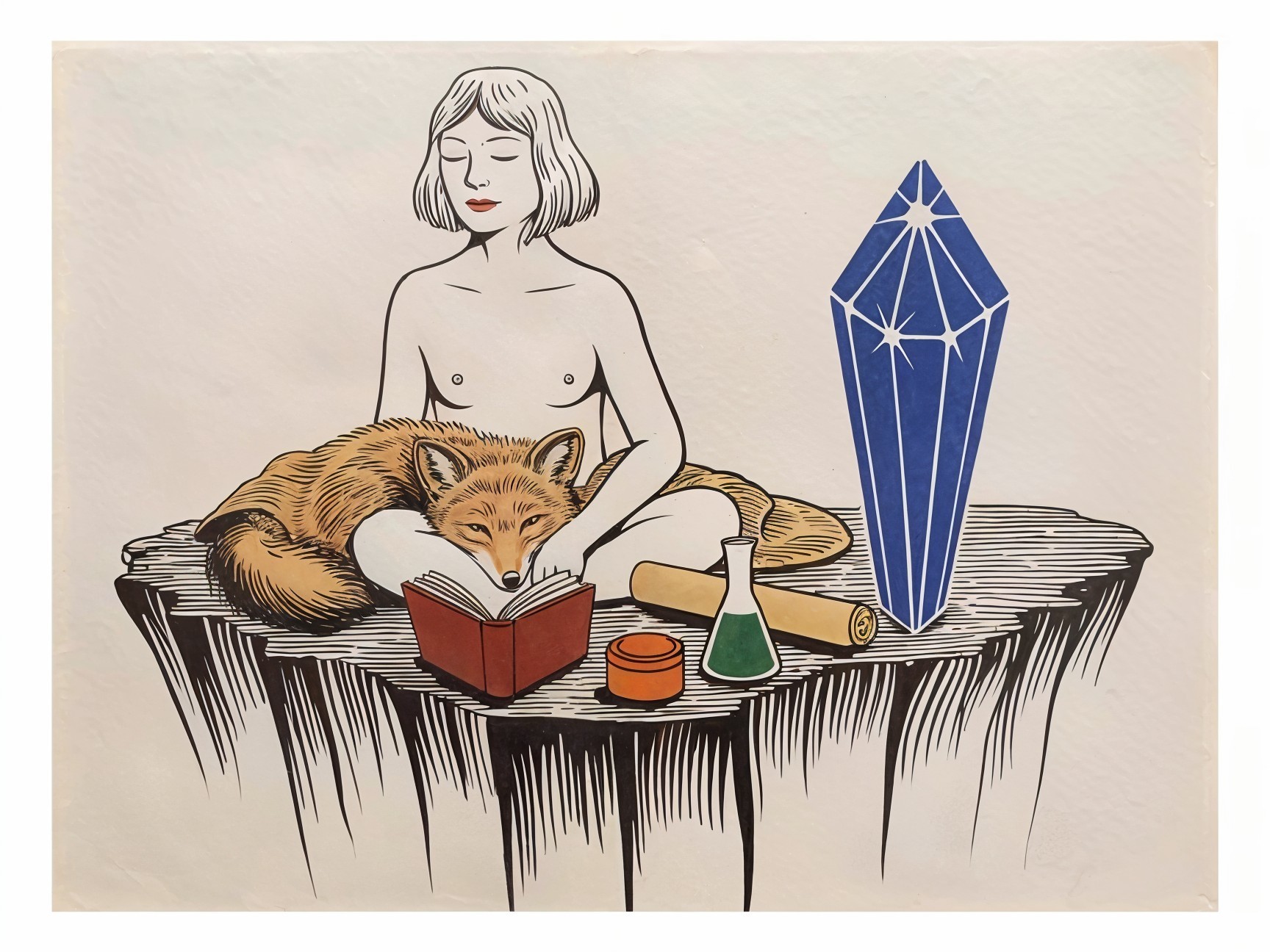 Minimalist Illustration of Woman Reading with Fox
