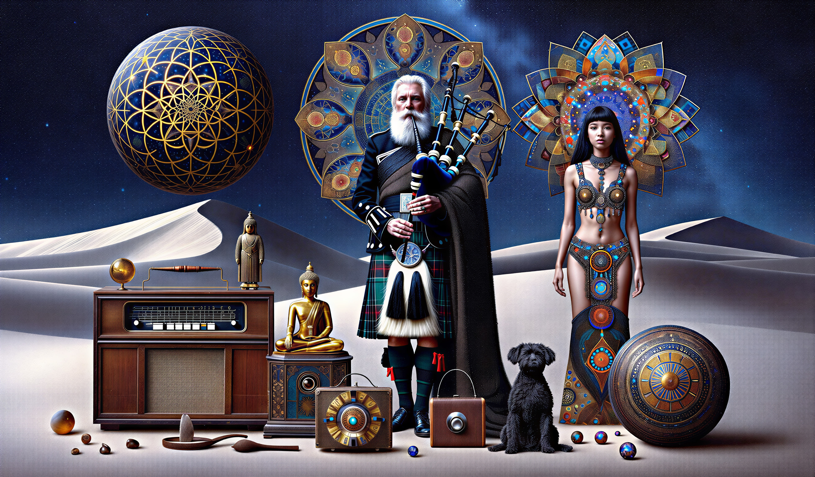 Mystical Scene with Musicians in Surreal Landscape