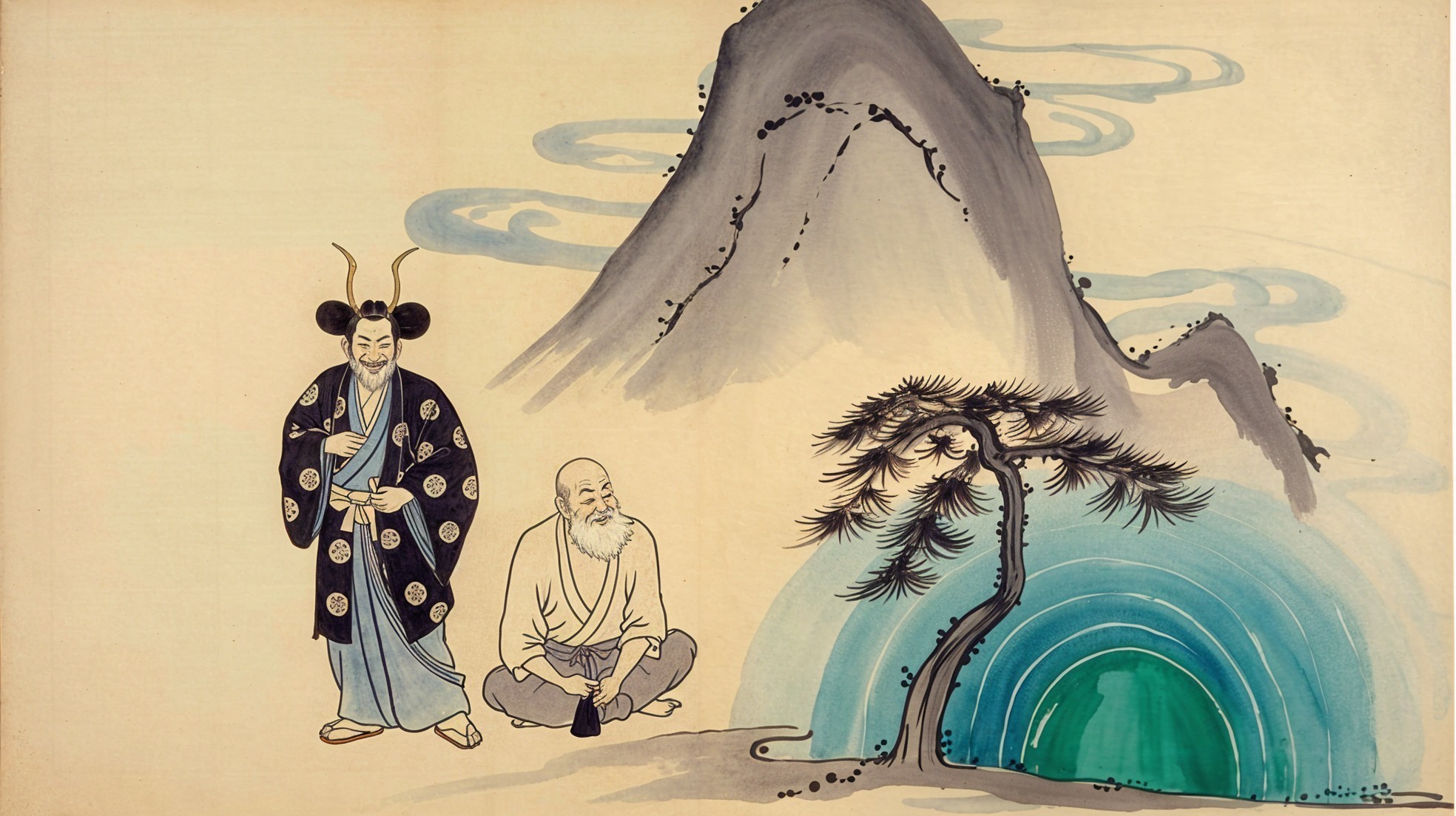 Two Figures in Traditional Attire with Mountain Backdrop