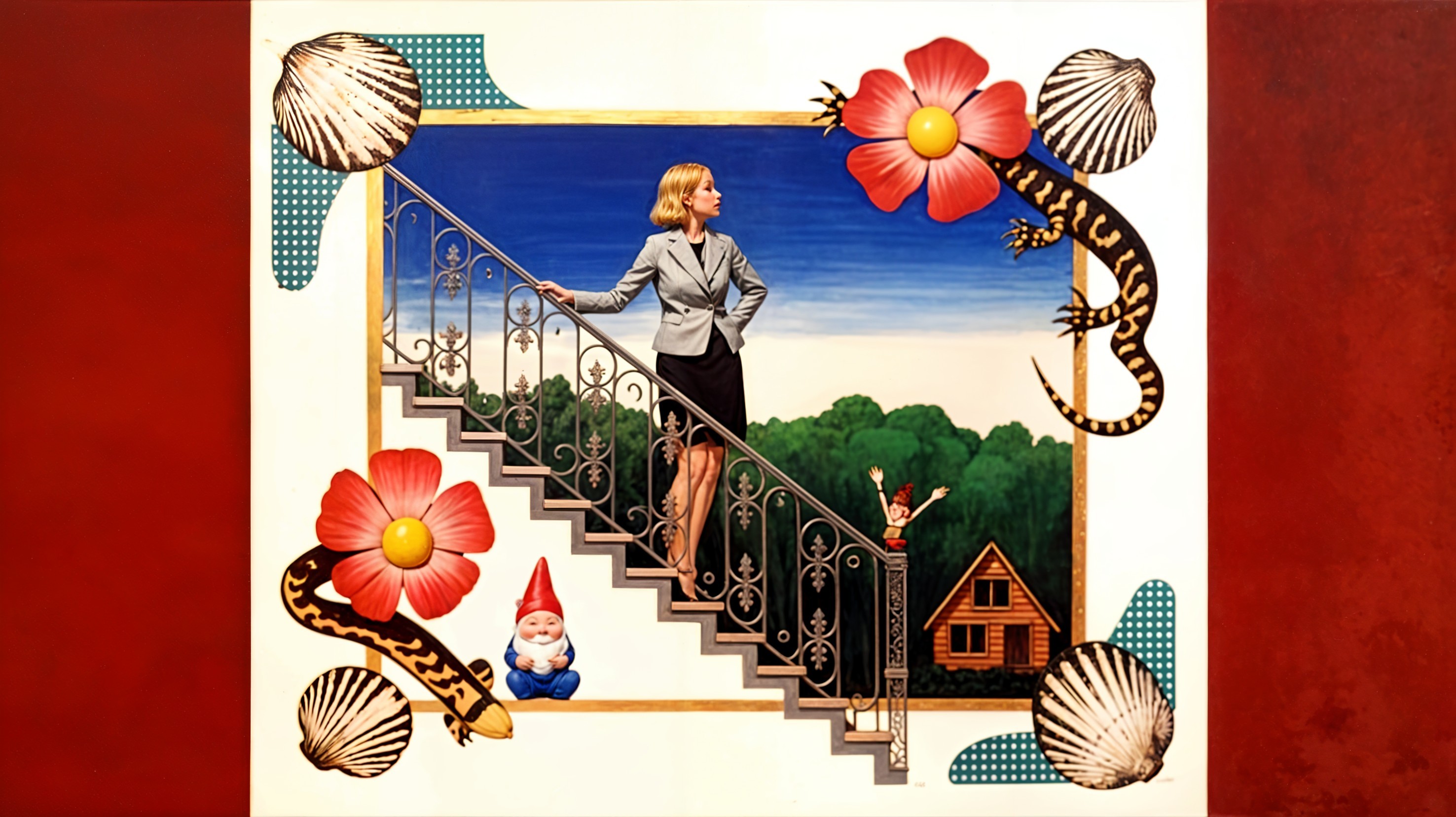 Woman in Business Suit Among Flowers and Whimsical Elements