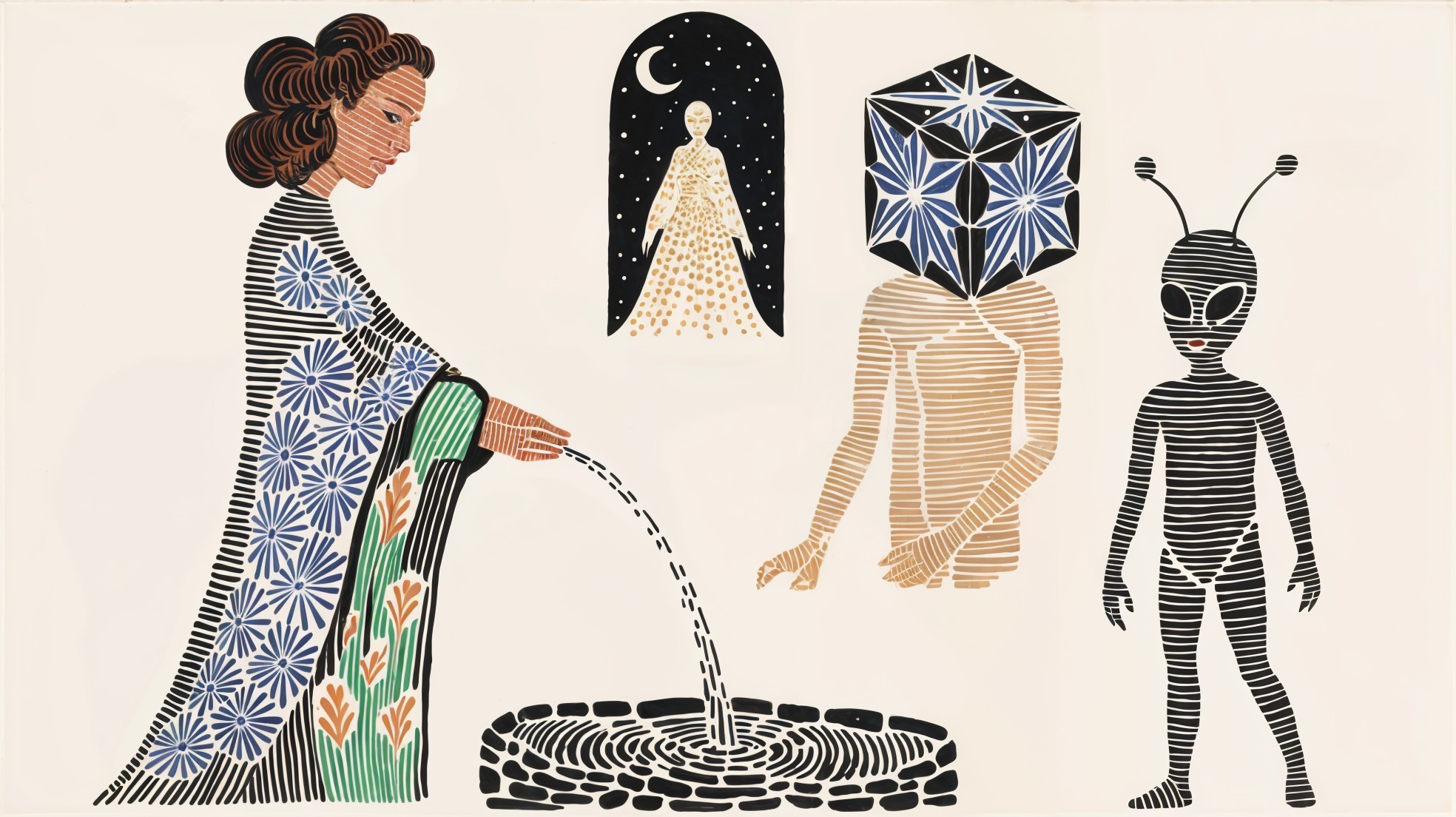 Woman in Dress Pouring Water into Stone Basin