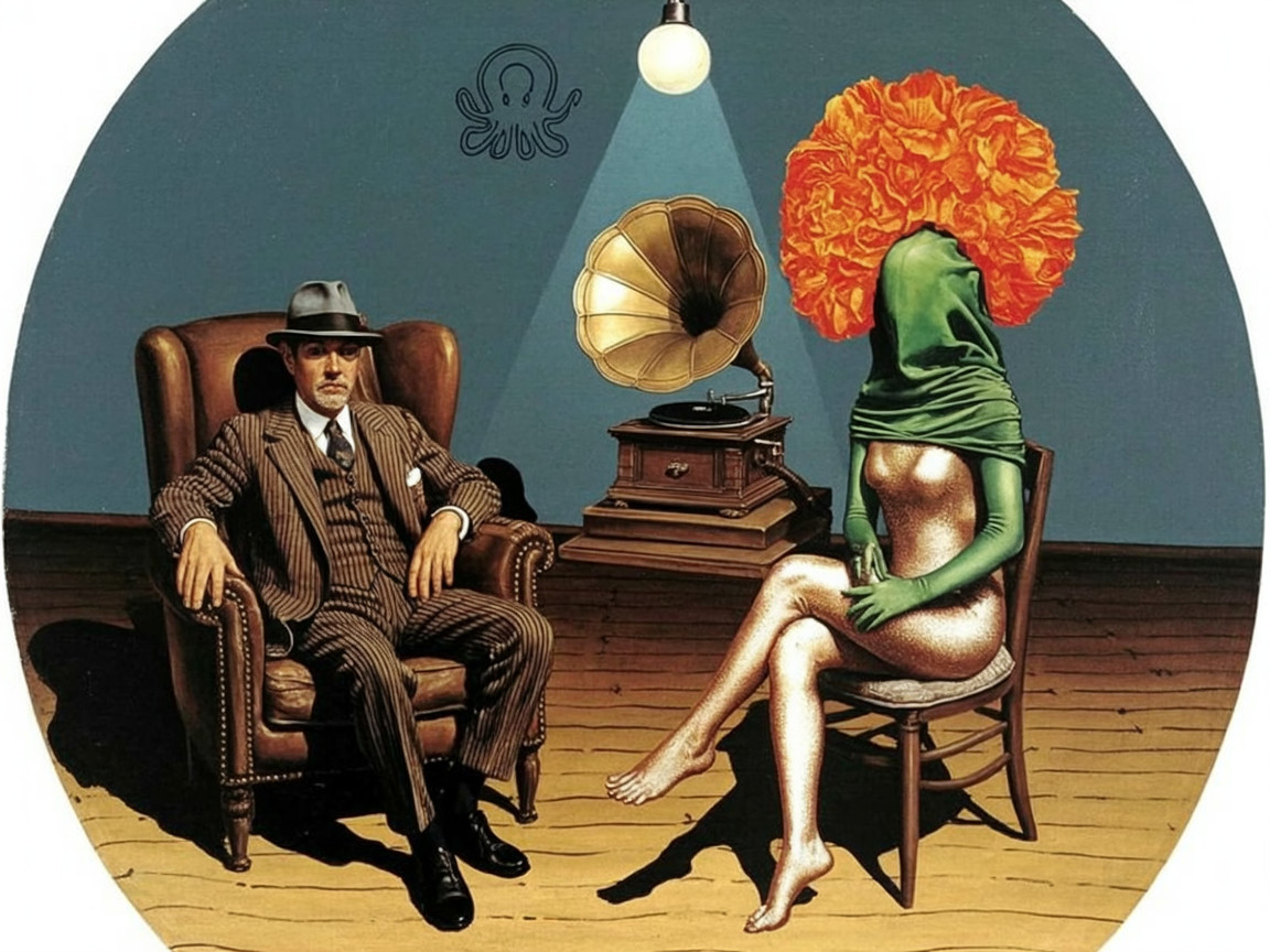 Surreal Scene with Elegant Figures in Vintage Setting