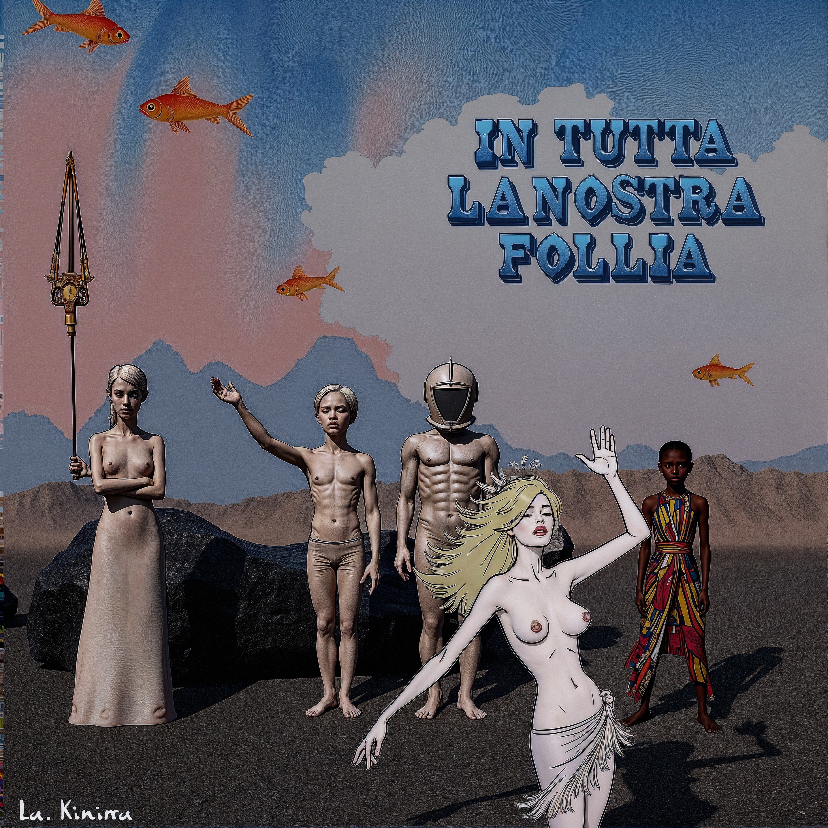 Surreal Scene with Humanoid Figures and Goldfish in Sky