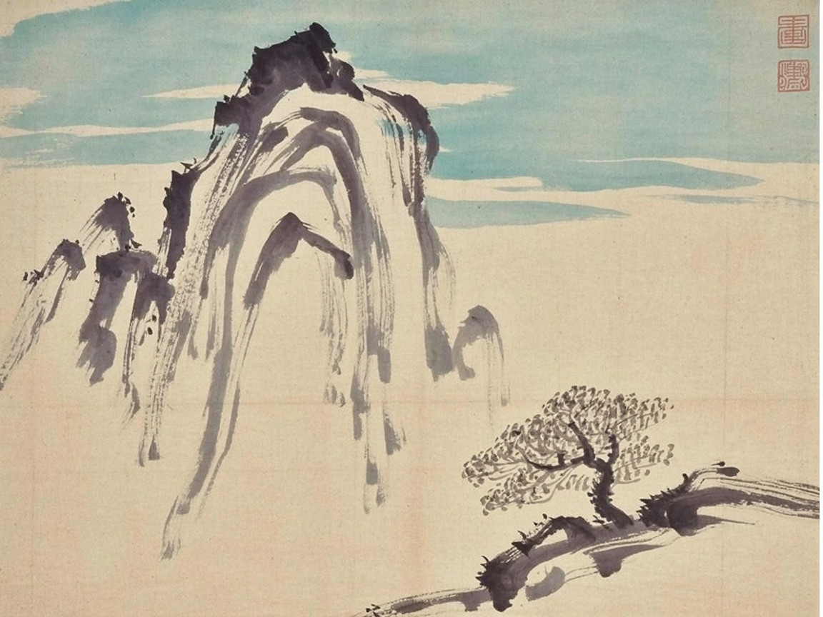 Traditional Asian Ink Painting of Mountains and Tree