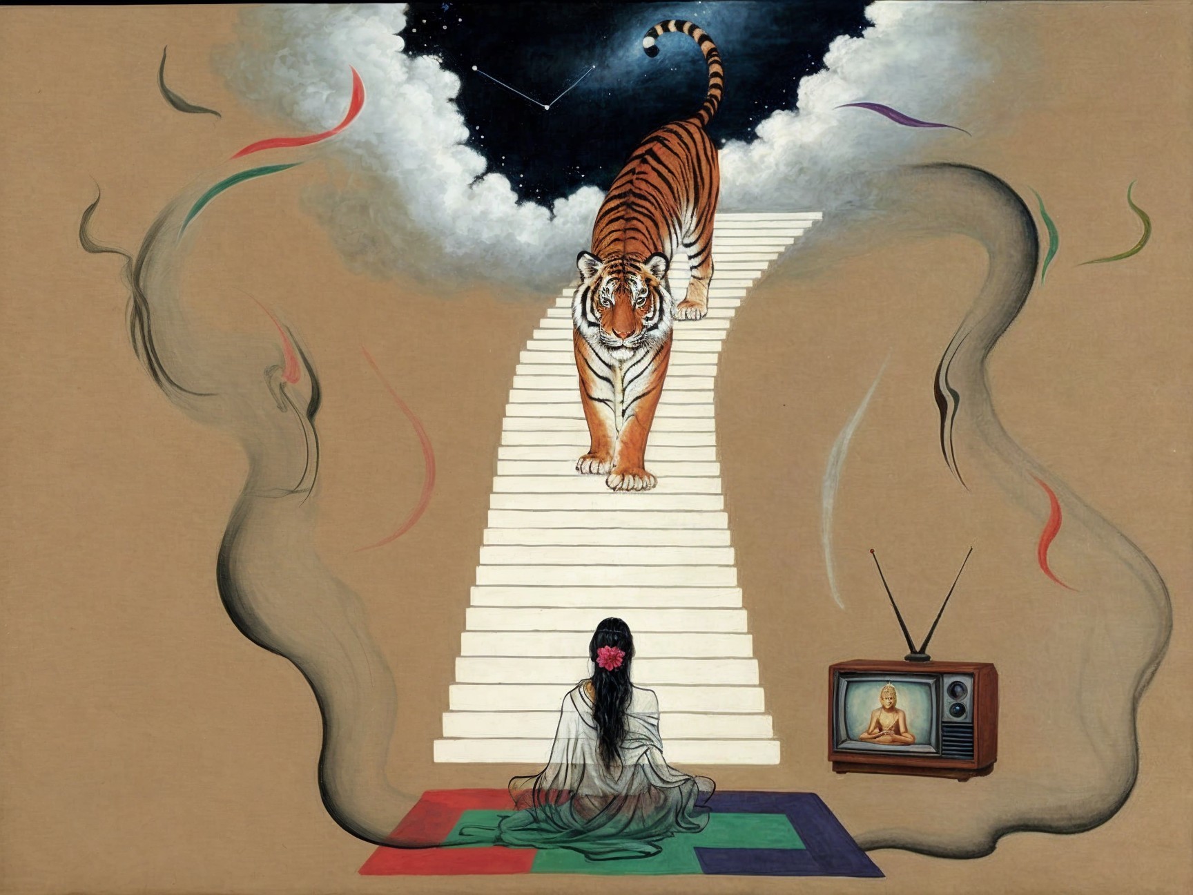 Surreal Scene of Woman, Tiger, and Floating Clock