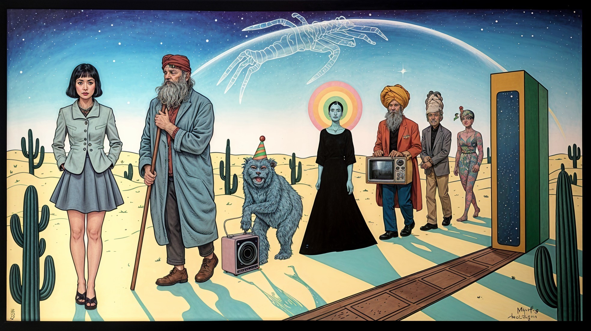 Surreal Desert Landscape with Diverse Characters and Portal